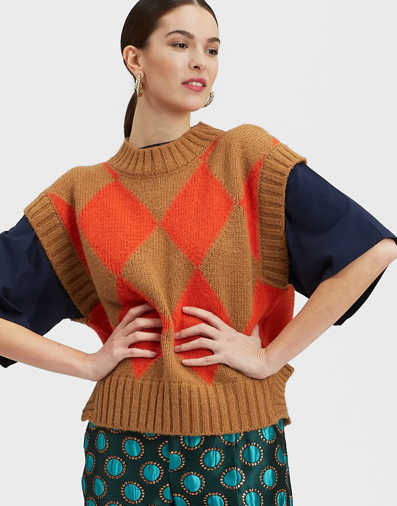 La DoubleJ - Gilet in Lana con Motivo Argyle, Tonalità Cammello e Arancione - Ultimi Pezzi