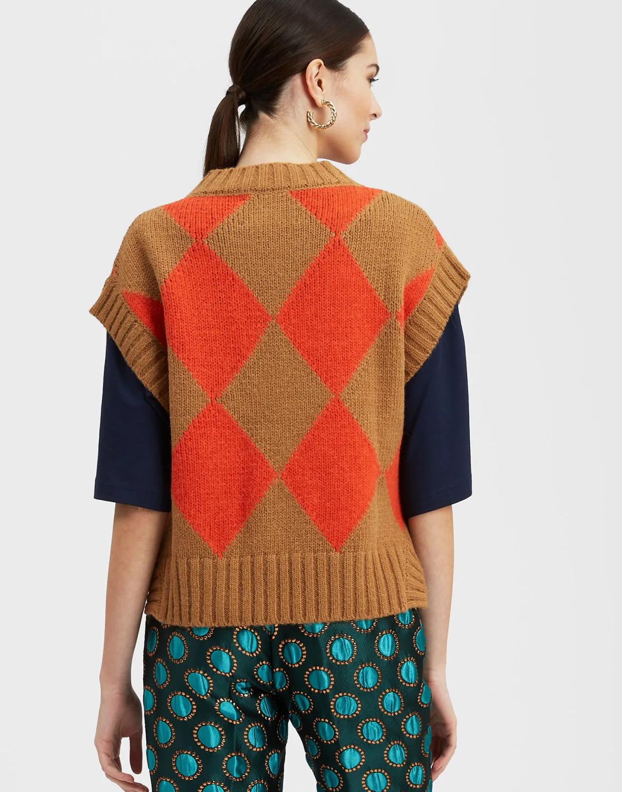 La DoubleJ - Gilet in Lana con Motivo Argyle, Tonalità Cammello e Arancione - Ultimi Pezzi