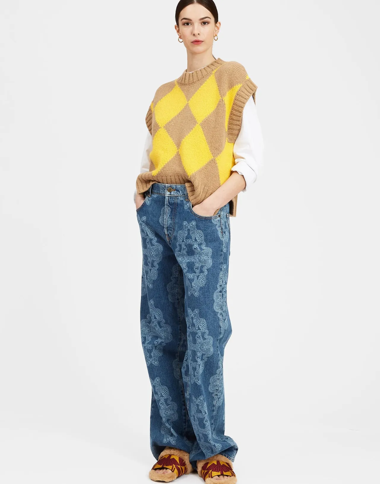 Gilet Casual Elegante La DoubleJ in Lana Pura - Motivo Diamante Sabbia/Giallo, Prezzo Conveniente