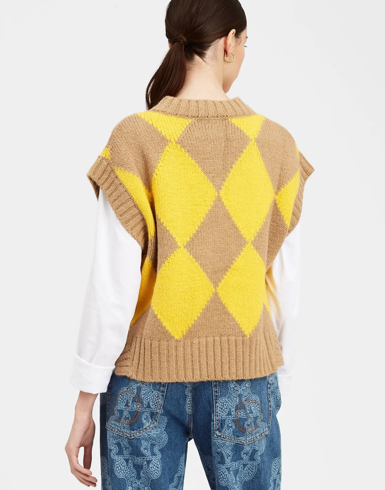 Gilet Casual Elegante La DoubleJ in Lana Pura - Motivo Diamante Sabbia/Giallo, Prezzo Conveniente