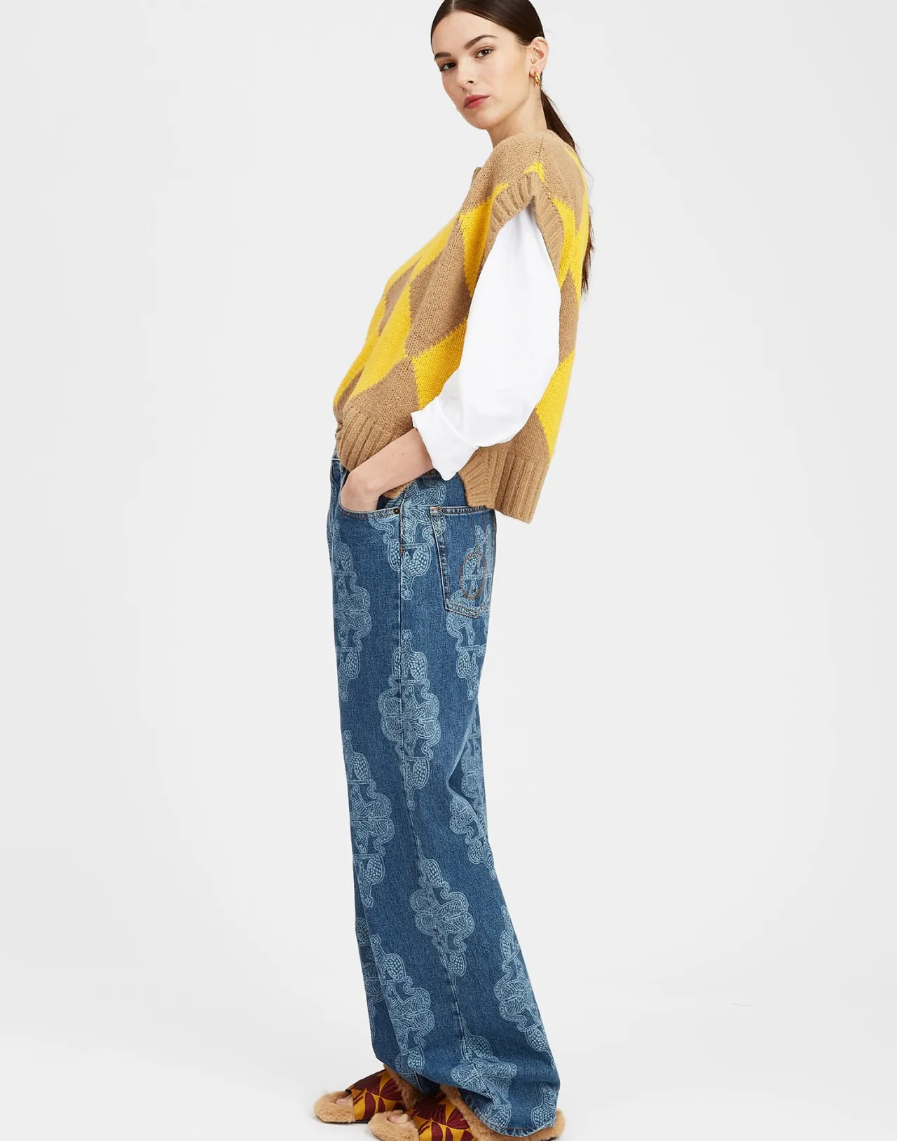 Gilet Casual Elegante La DoubleJ in Lana Pura - Motivo Diamante Sabbia/Giallo, Prezzo Conveniente