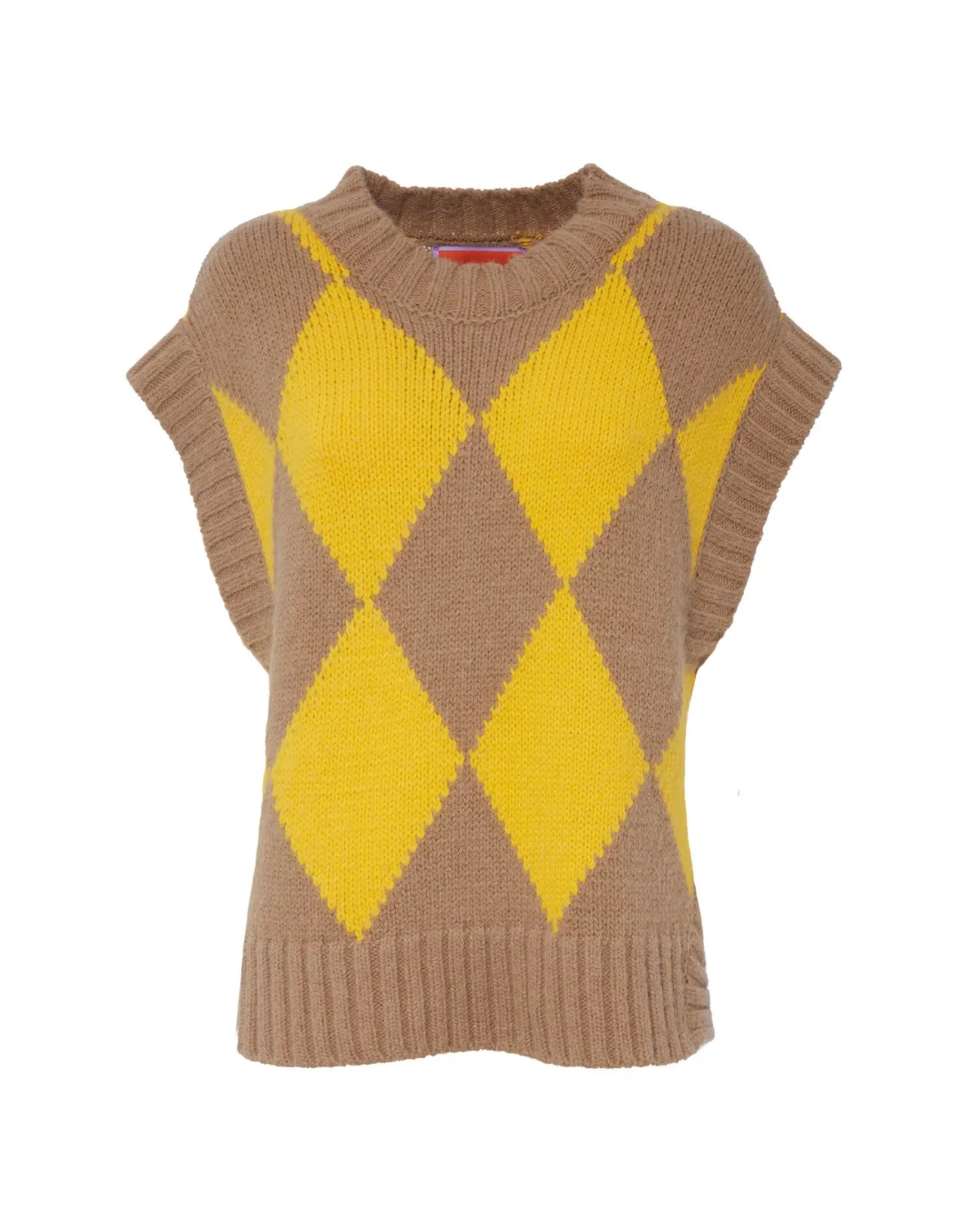 Gilet Casual Elegante La DoubleJ in Lana Pura - Motivo Diamante Sabbia/Giallo, Prezzo Conveniente