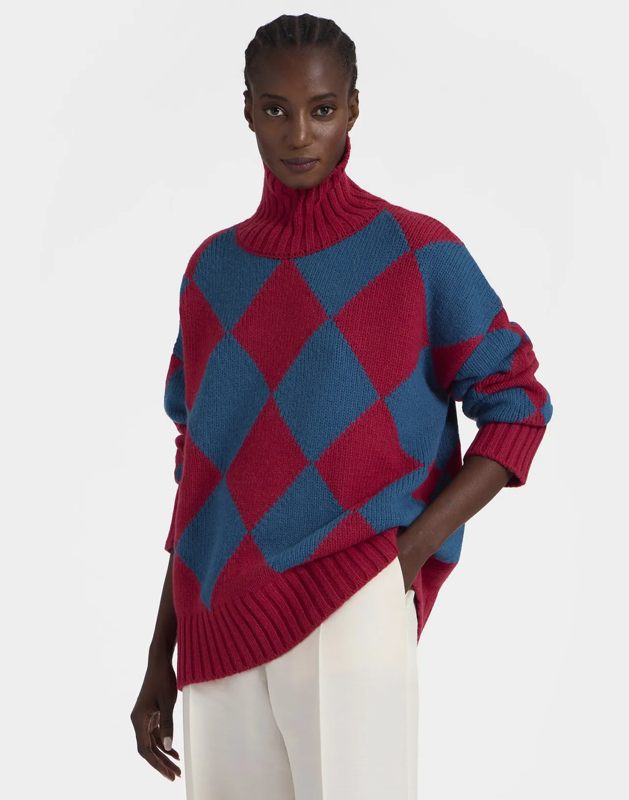 La DoubleJ Maglione Unisex in Lana Pura - Disegno Argyle con Trama Bordeaux e Blu Elettrico per Stile Vintage