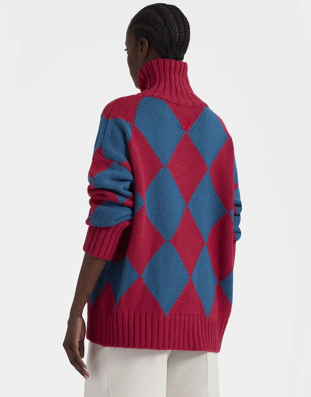 La DoubleJ Maglione Unisex in Lana Pura - Disegno Argyle con Trama Bordeaux e Blu Elettrico per Stile Vintage