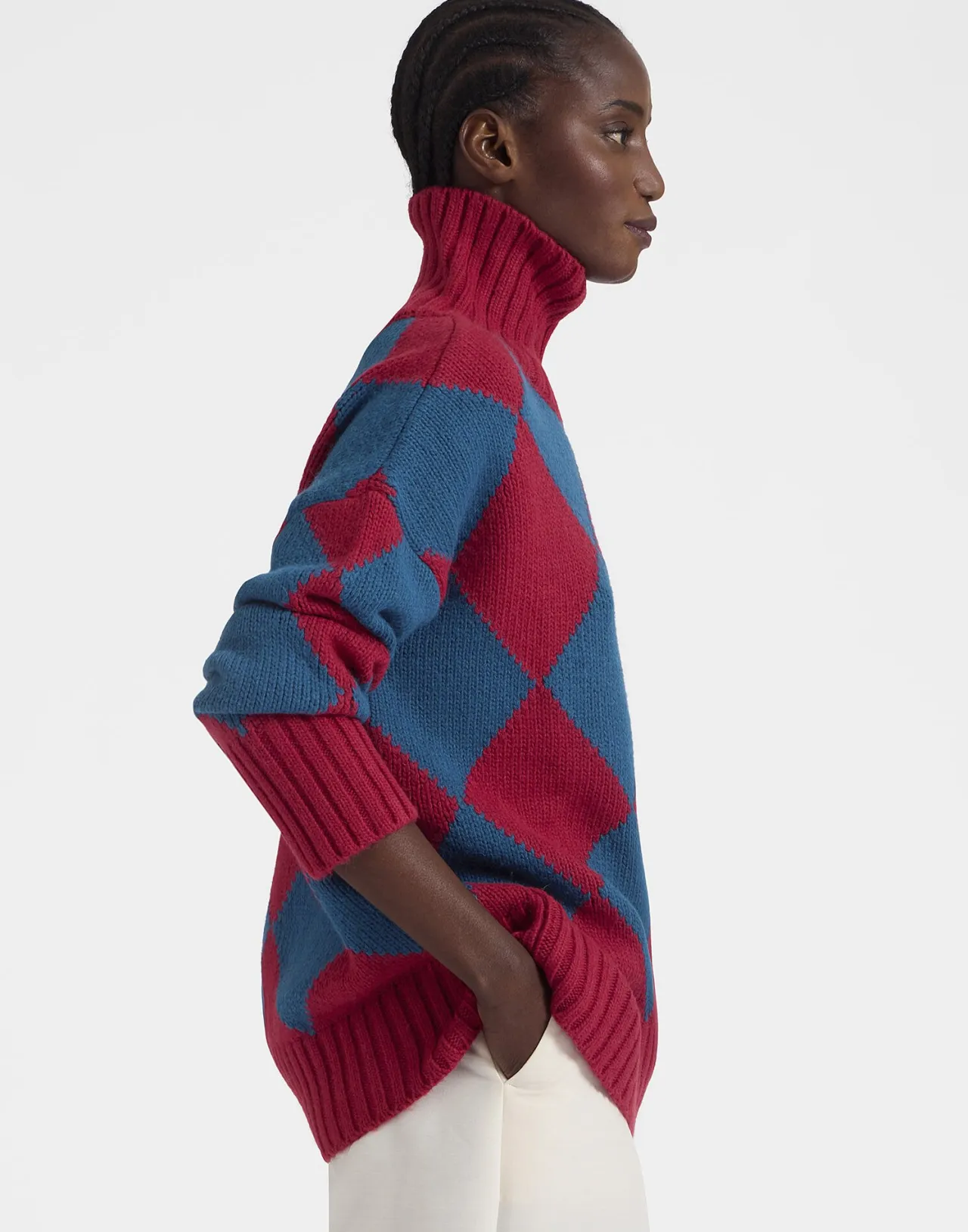 La DoubleJ Maglione Unisex in Lana Pura - Disegno Argyle con Trama Bordeaux e Blu Elettrico per Stile Vintage