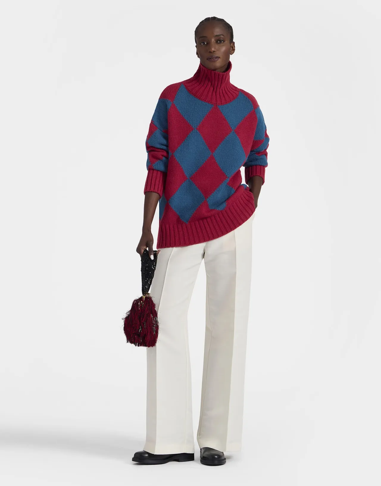 La DoubleJ Maglione Unisex in Lana Pura - Disegno Argyle con Trama Bordeaux e Blu Elettrico per Stile Vintage