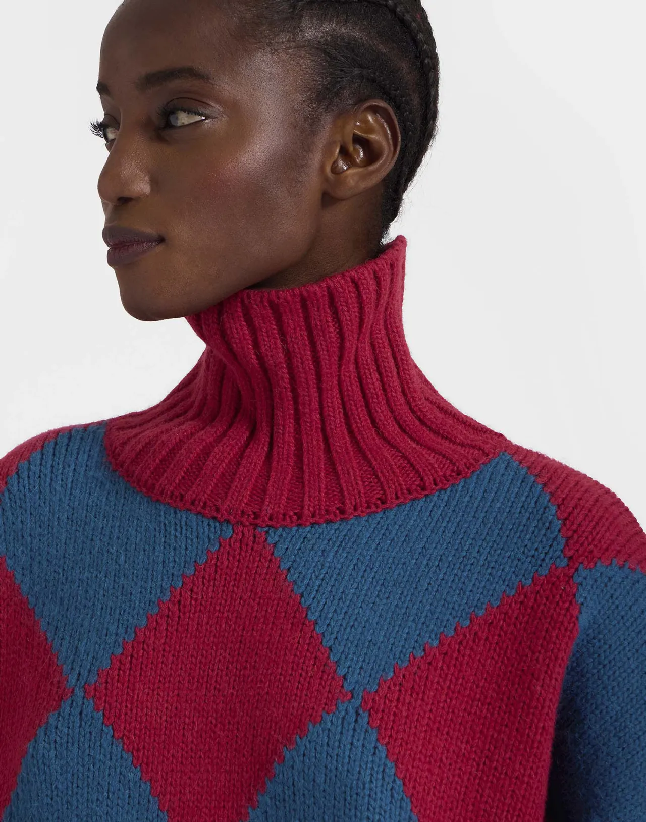 La DoubleJ Maglione Unisex in Lana Pura - Disegno Argyle con Trama Bordeaux e Blu Elettrico per Stile Vintage