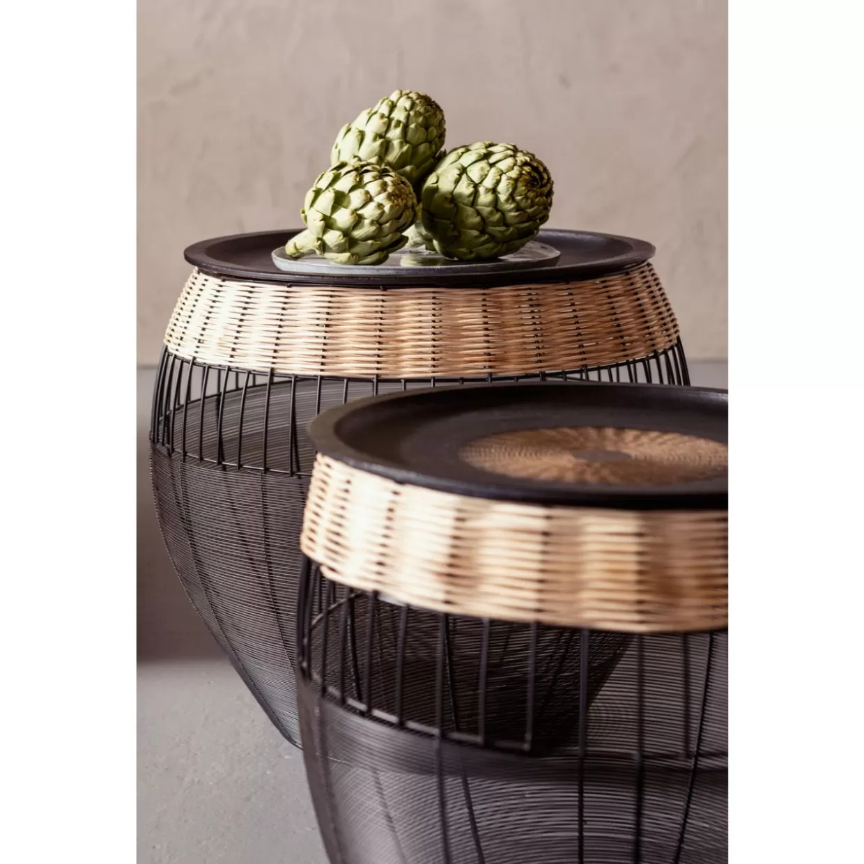 KARE Design - Tavolini Laterali con Stile Tribale, Set da 2 con Decorazione Tamburi Africani