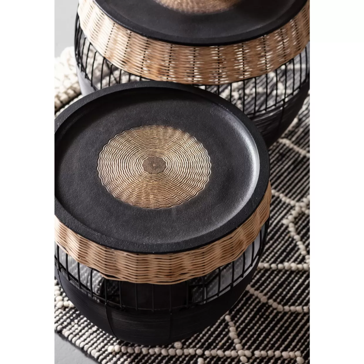 KARE Design - Tavolini Laterali con Stile Tribale, Set da 2 con Decorazione Tamburi Africani