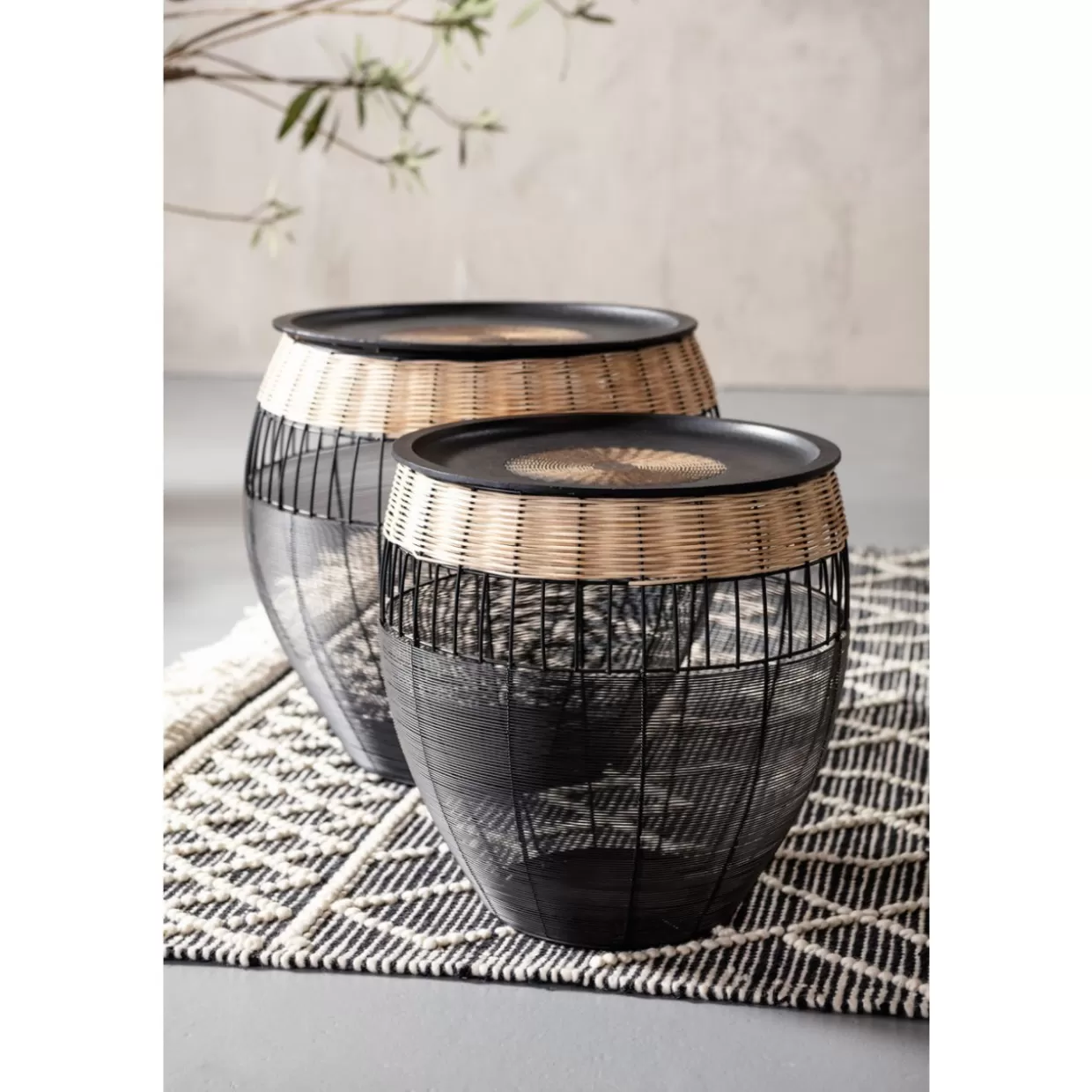 KARE Design - Tavolini Laterali con Stile Tribale, Set da 2 con Decorazione Tamburi Africani