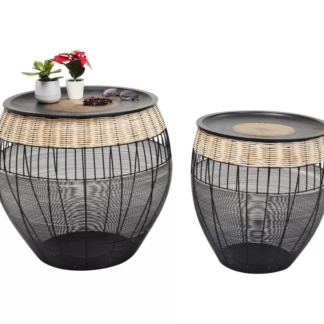 KARE Design - Tavolini Laterali con Stile Tribale, Set da 2 con Decorazione Tamburi Africani