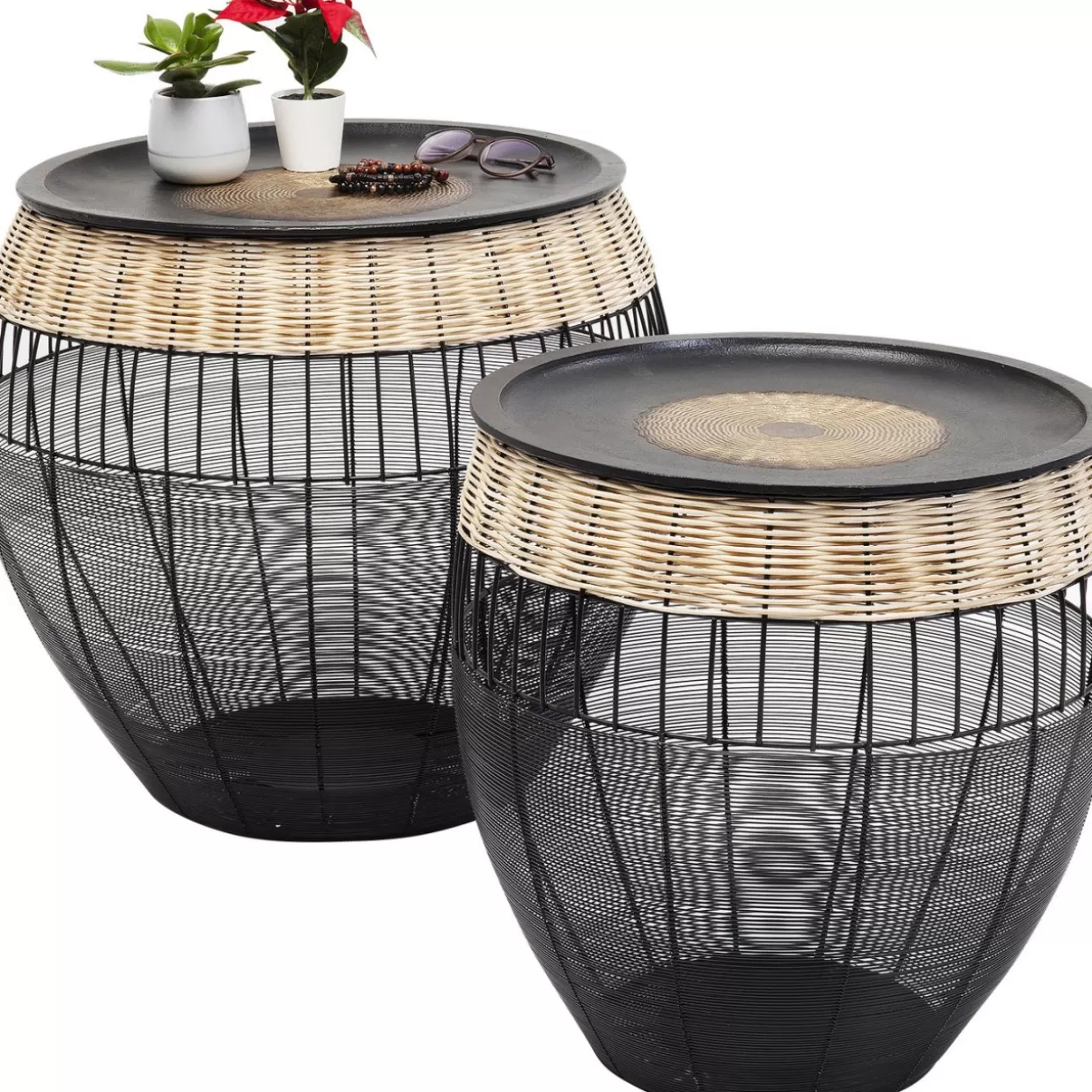 KARE Design - Tavolini Laterali con Stile Tribale, Set da 2 con Decorazione Tamburi Africani
