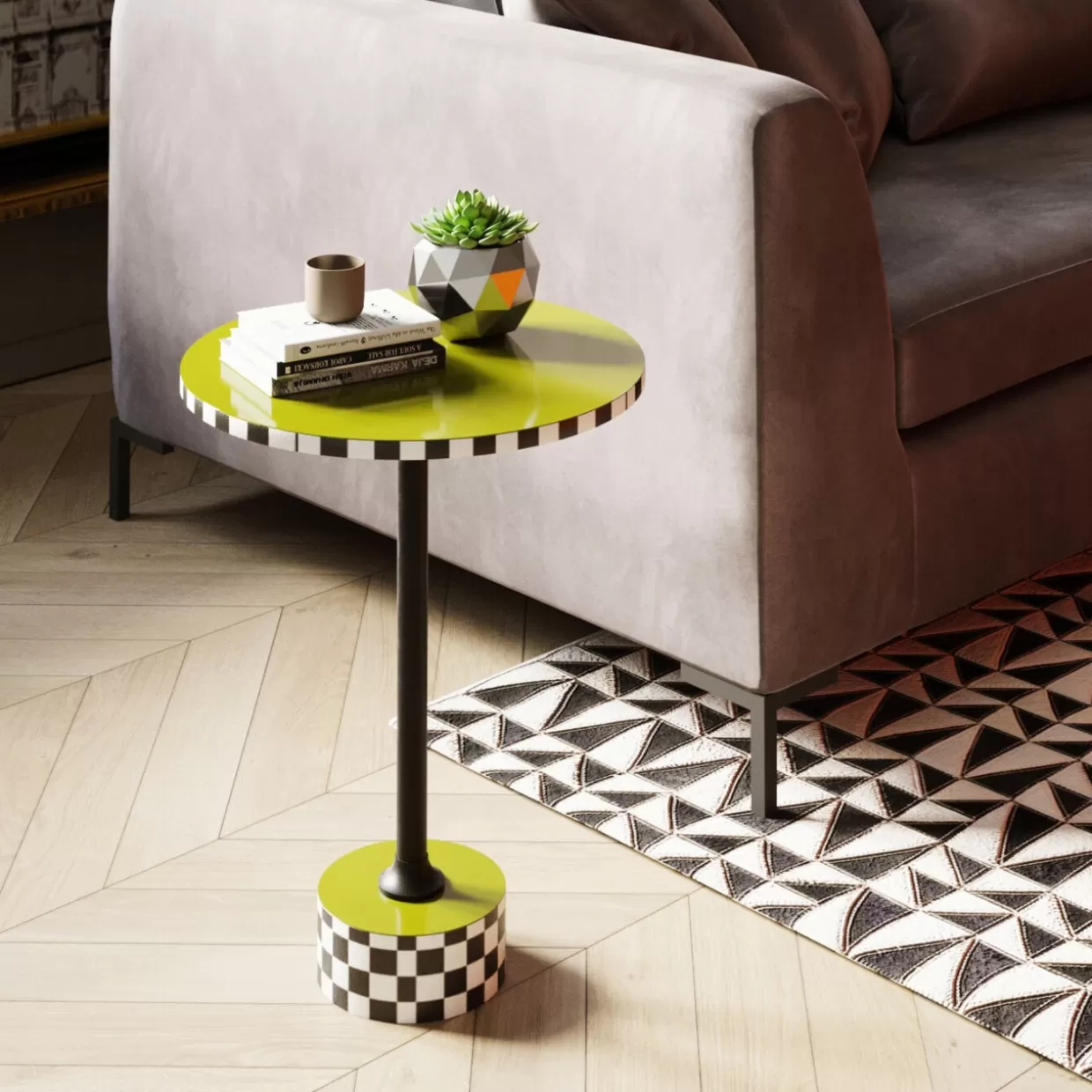 Tavolino da salotto Domero Checkers in stile KARE Design - Motivo scacchiera in verde oliva, diametro 25 cm