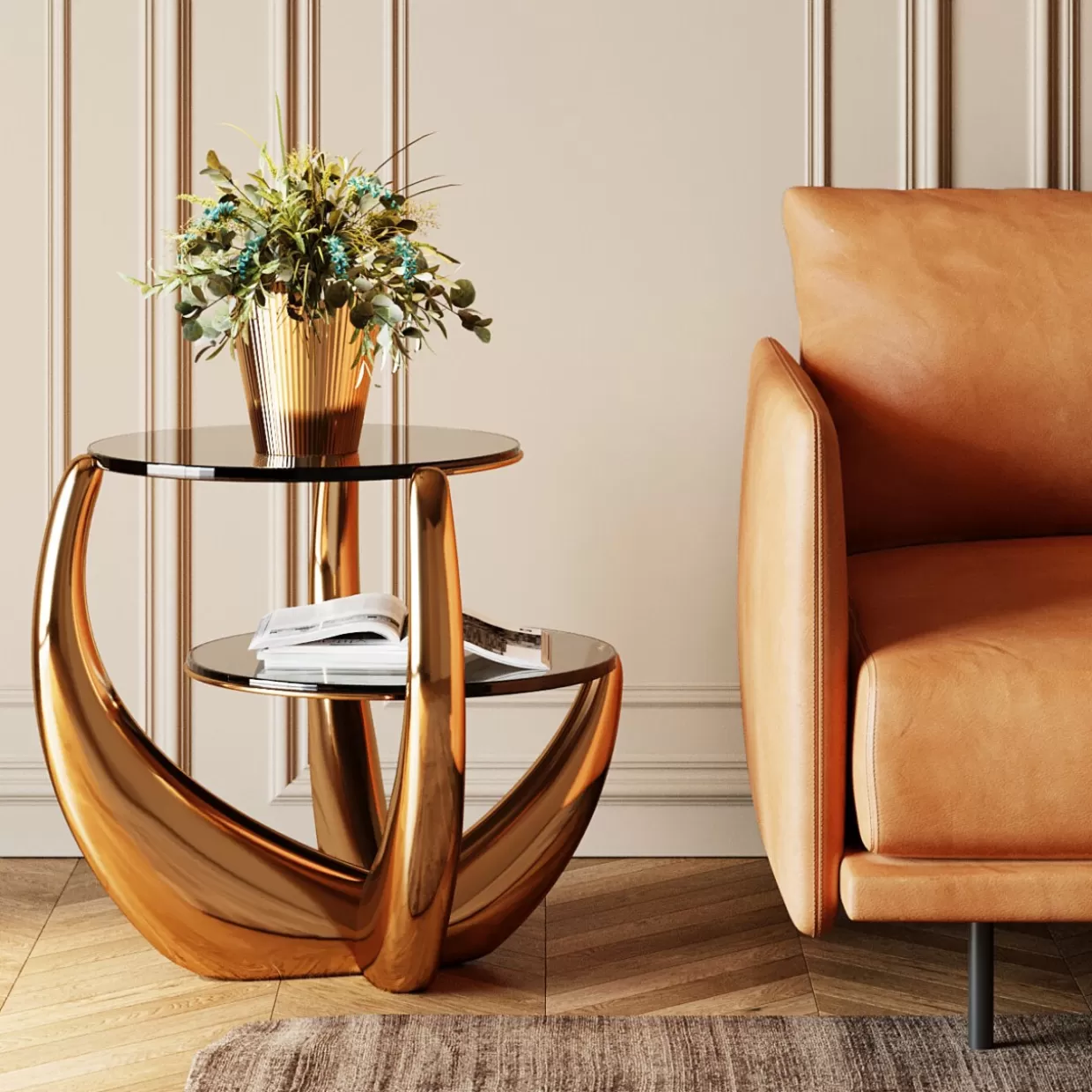 Tavolino design moderno Piera 53x55 cm - Complemento d'arredo KARE per soggiorno o camera, struttura stilizzata in metallo finitura opaca. Forme geometriche contemporanee con dettaglio porta-riviste integrato. Disponibile in tre tonalità neutre.