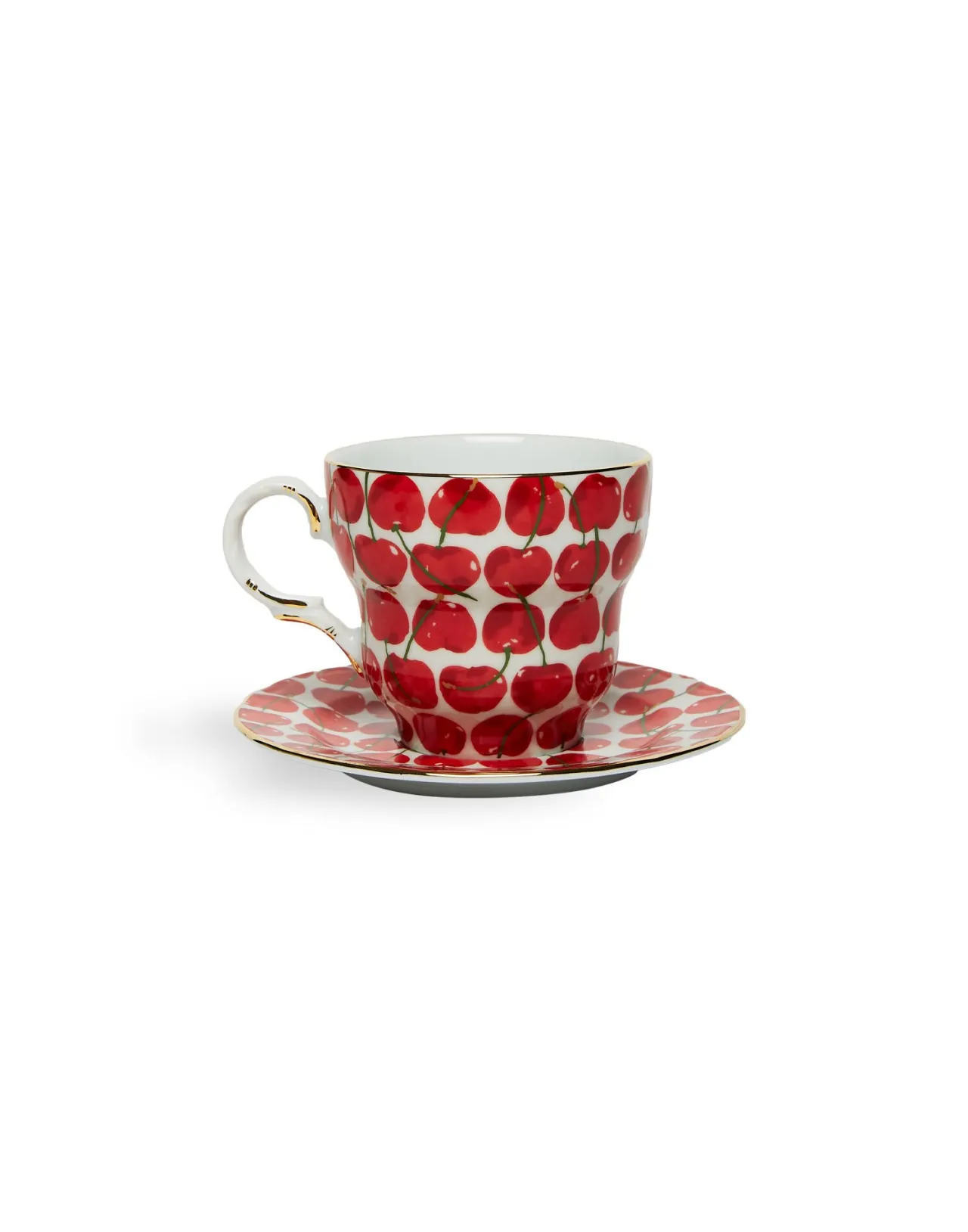 Doppia J Tazza Grande Mama con Piattino - Decorazione Ciliegie in Tonalità Avorio - Porcellana Elegante - Collezione Esclusiva