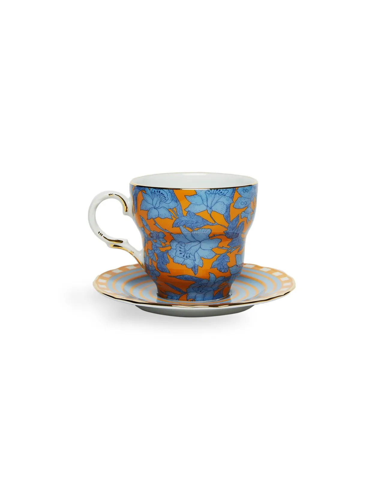 La DoubleJ Tazza con Piattino Stile Big Mama - Decorazione Lilium Zafferano in Porcellana Pregiata, Manufatto Artigianale dal Design Esclusivo