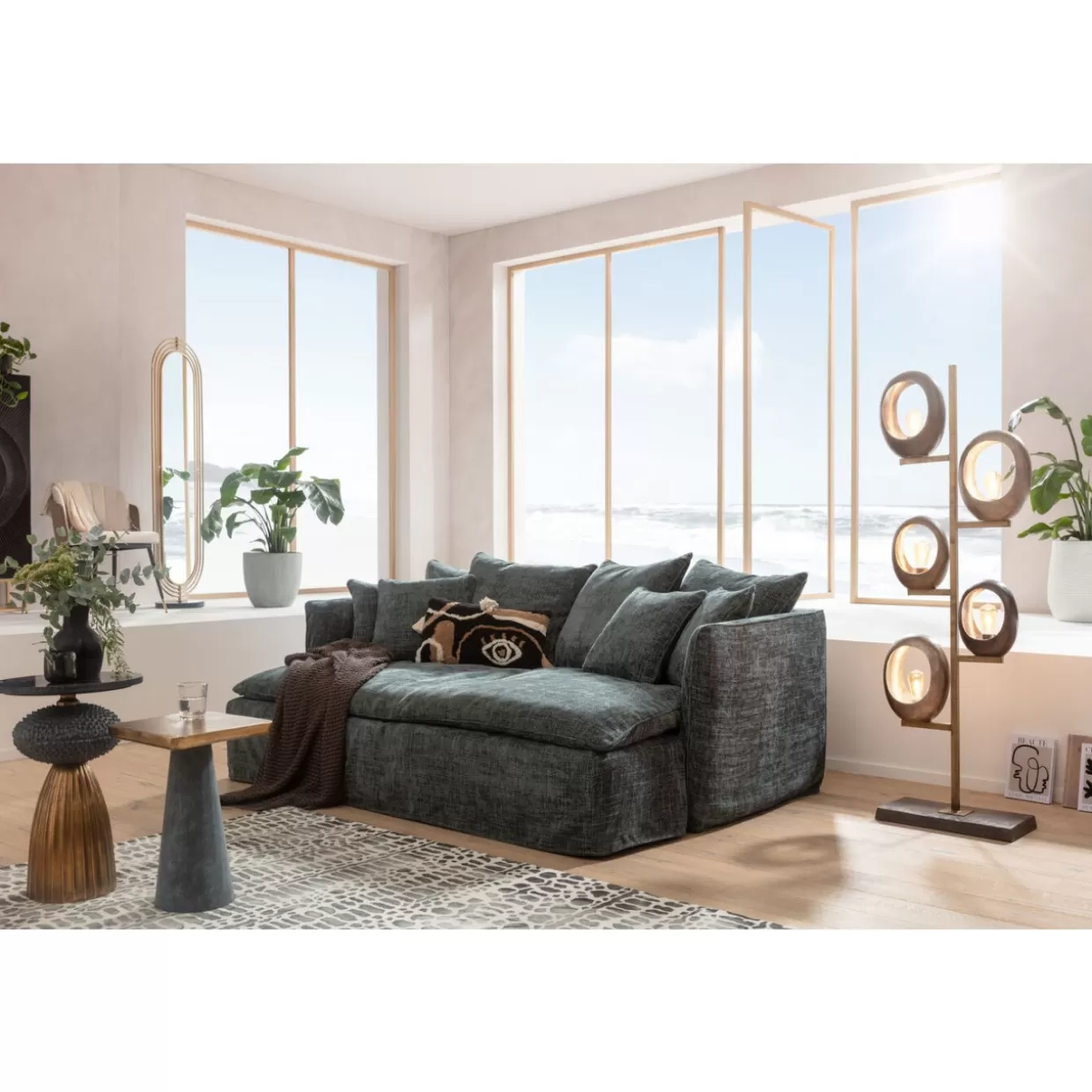 Divano Sofà Design KARE Boheme 230 cm - Rivestimento in Velvet Verde Acqua con Stile Bohemien, Schienale Modulare e Gambe in Legno per Salotti Spaziosi