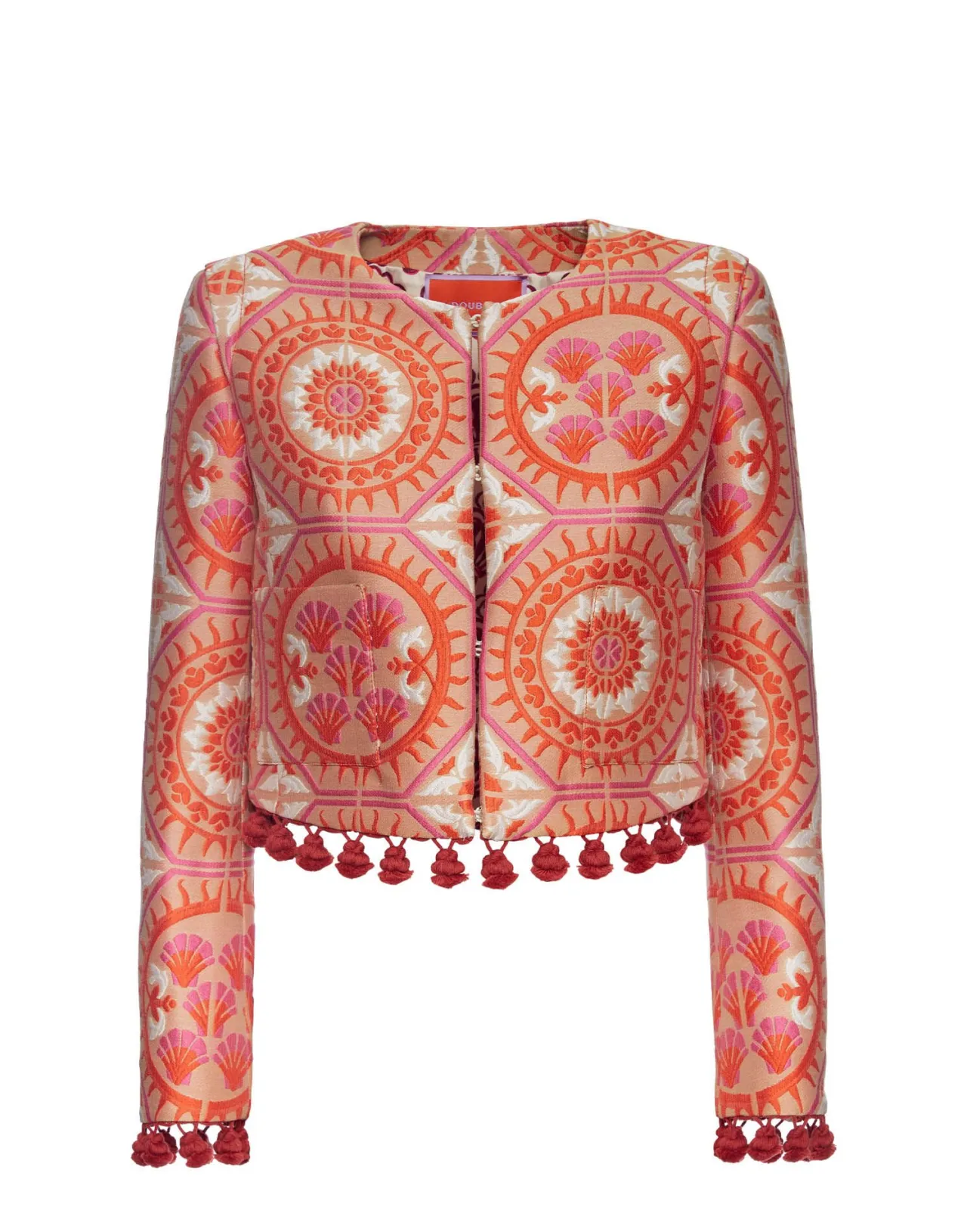 Giacca Elegante La DoubleJ in Tessuto Jacquard Arancione Sole con Nappe e Dettagli Bijou