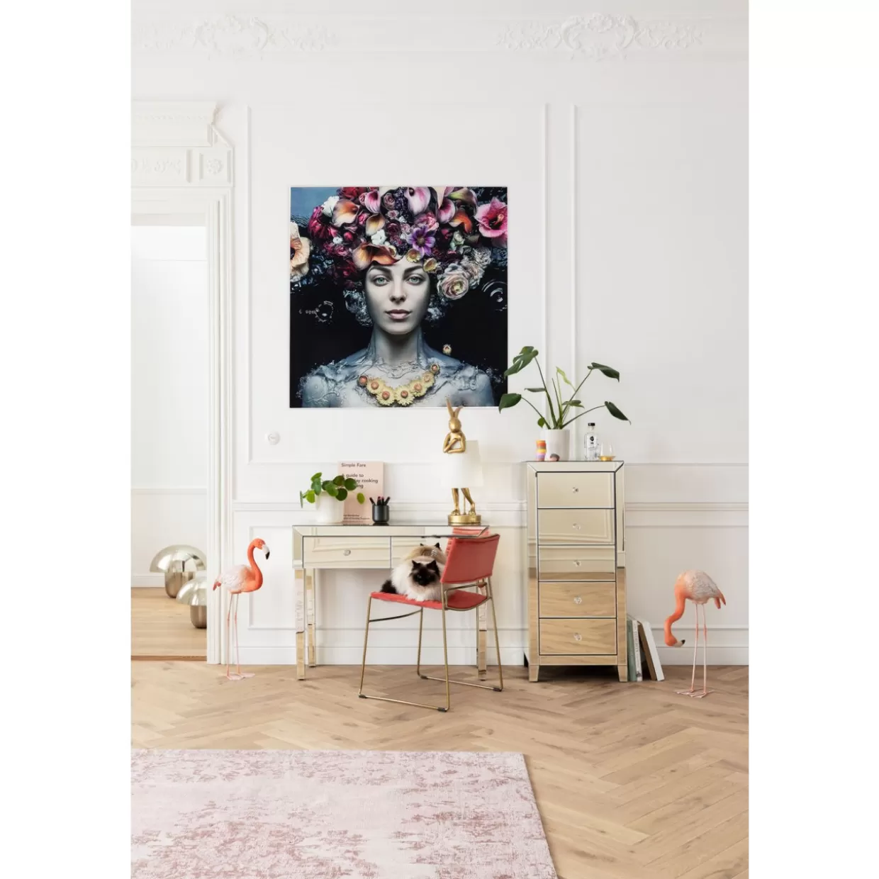 Raffinata decorazione murale KARE - Opera in vetro artistico con dama floreale - Quadro moderno 120x120 cm per interni