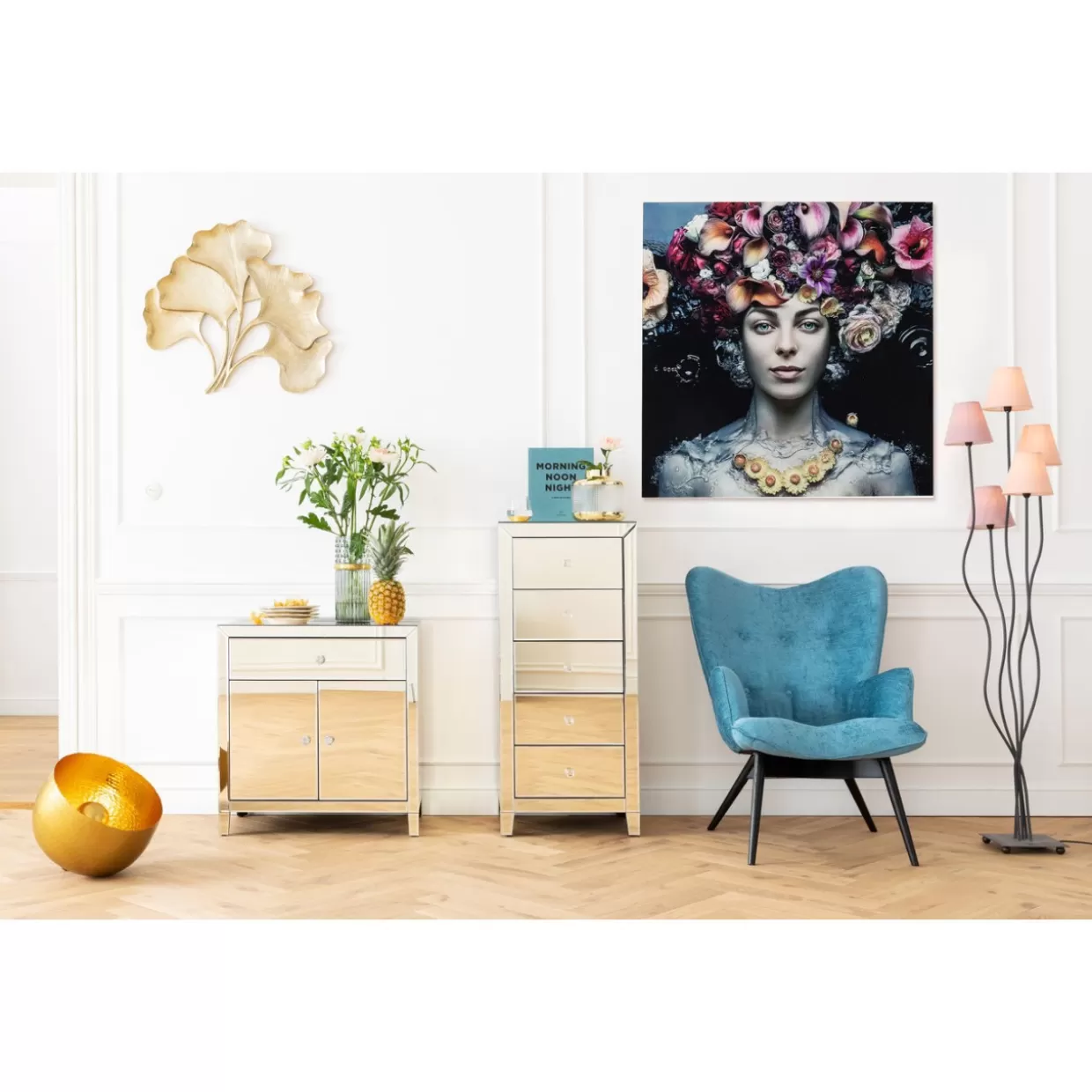 Raffinata decorazione murale KARE - Opera in vetro artistico con dama floreale - Quadro moderno 120x120 cm per interni