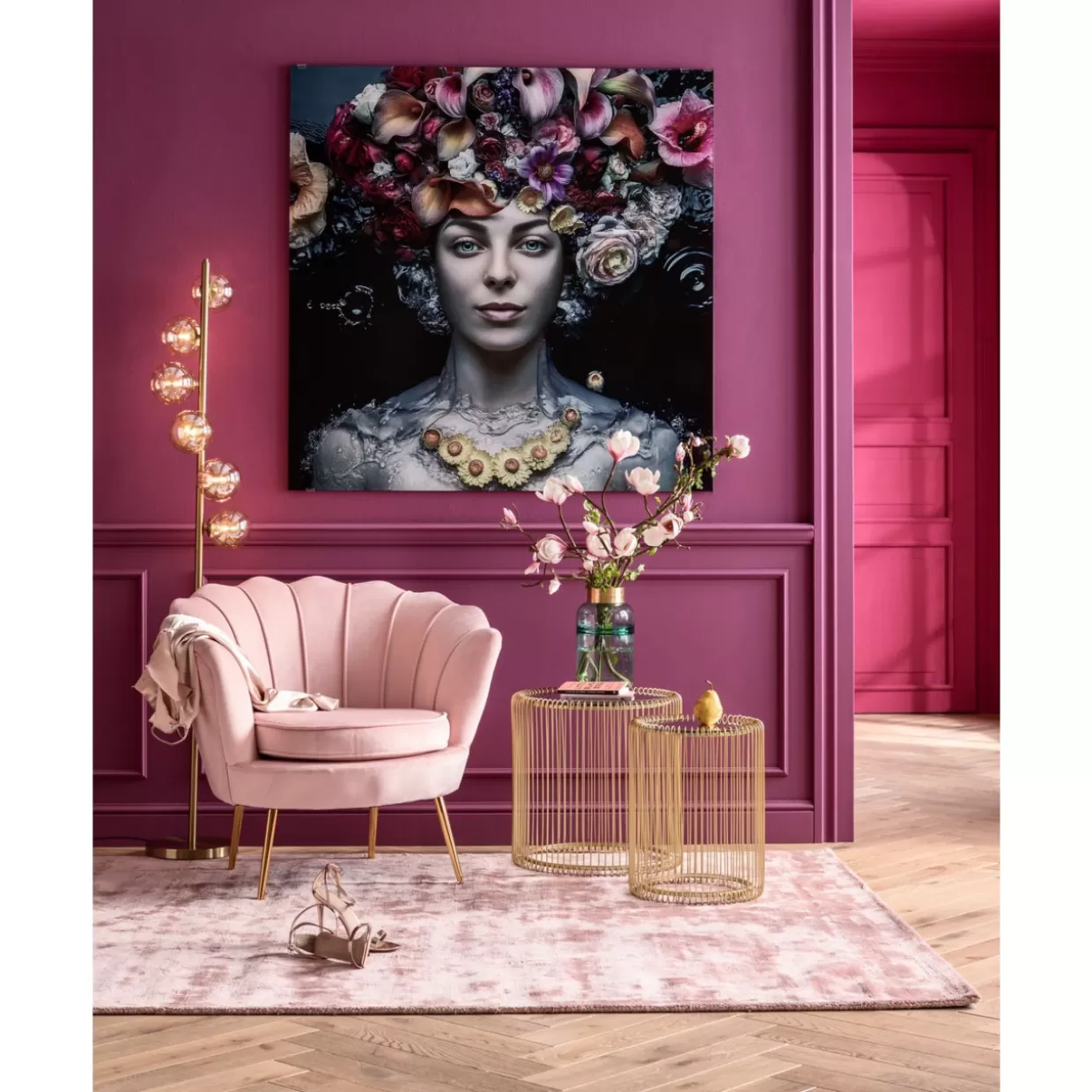 Raffinata decorazione murale KARE - Opera in vetro artistico con dama floreale - Quadro moderno 120x120 cm per interni
