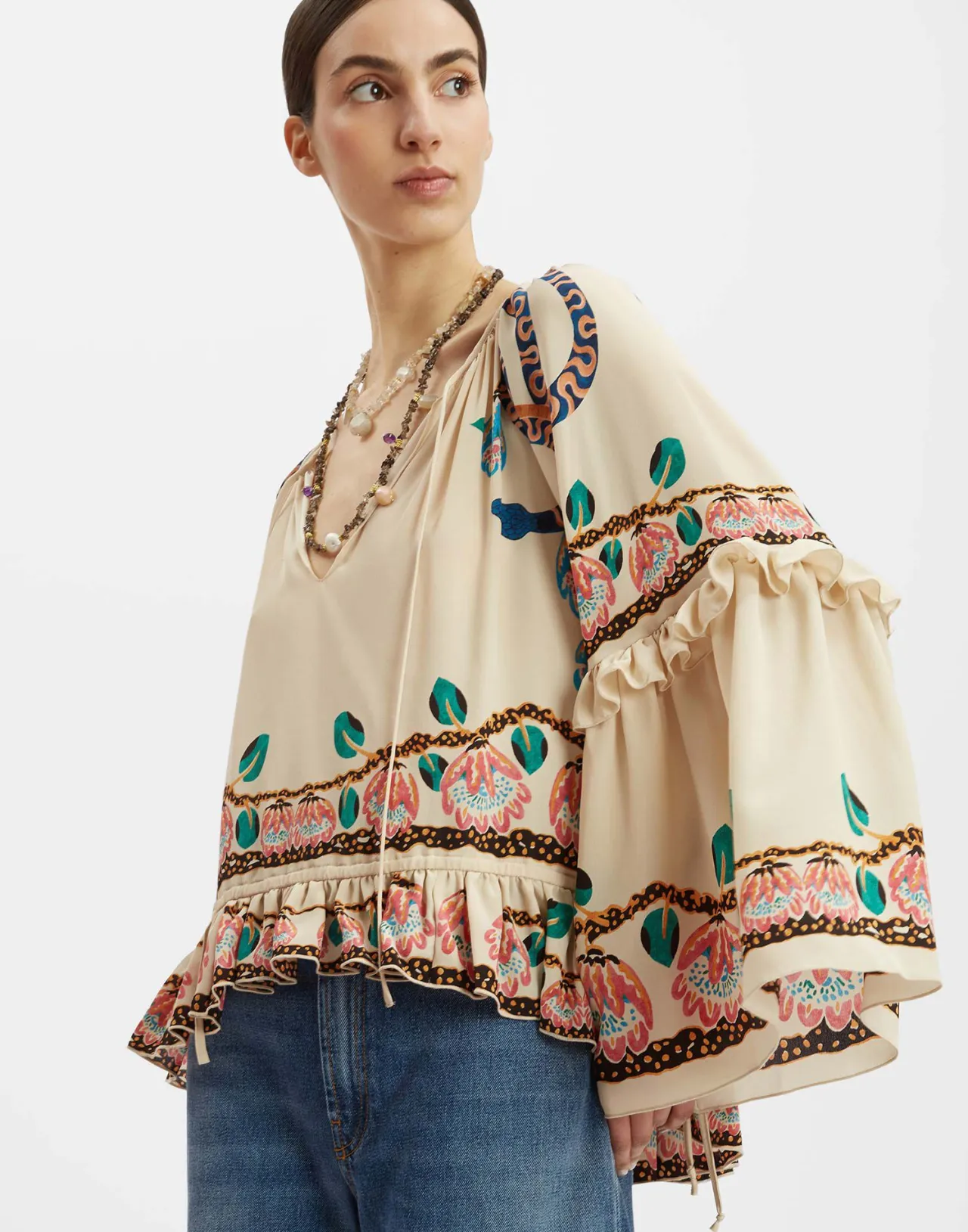 Doppia J Blusa Bohemienne in Crespo Cinese - Tinta Ecru | Edizione Limitata