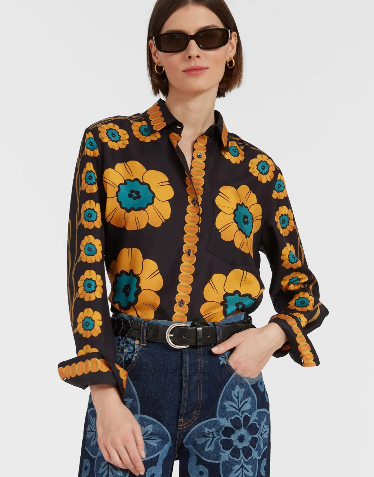 Camicia Uomo Elegante La DoubleJ - Stile Fresco con Ricamo Margherite in Seta Twill Arancio Vibrante