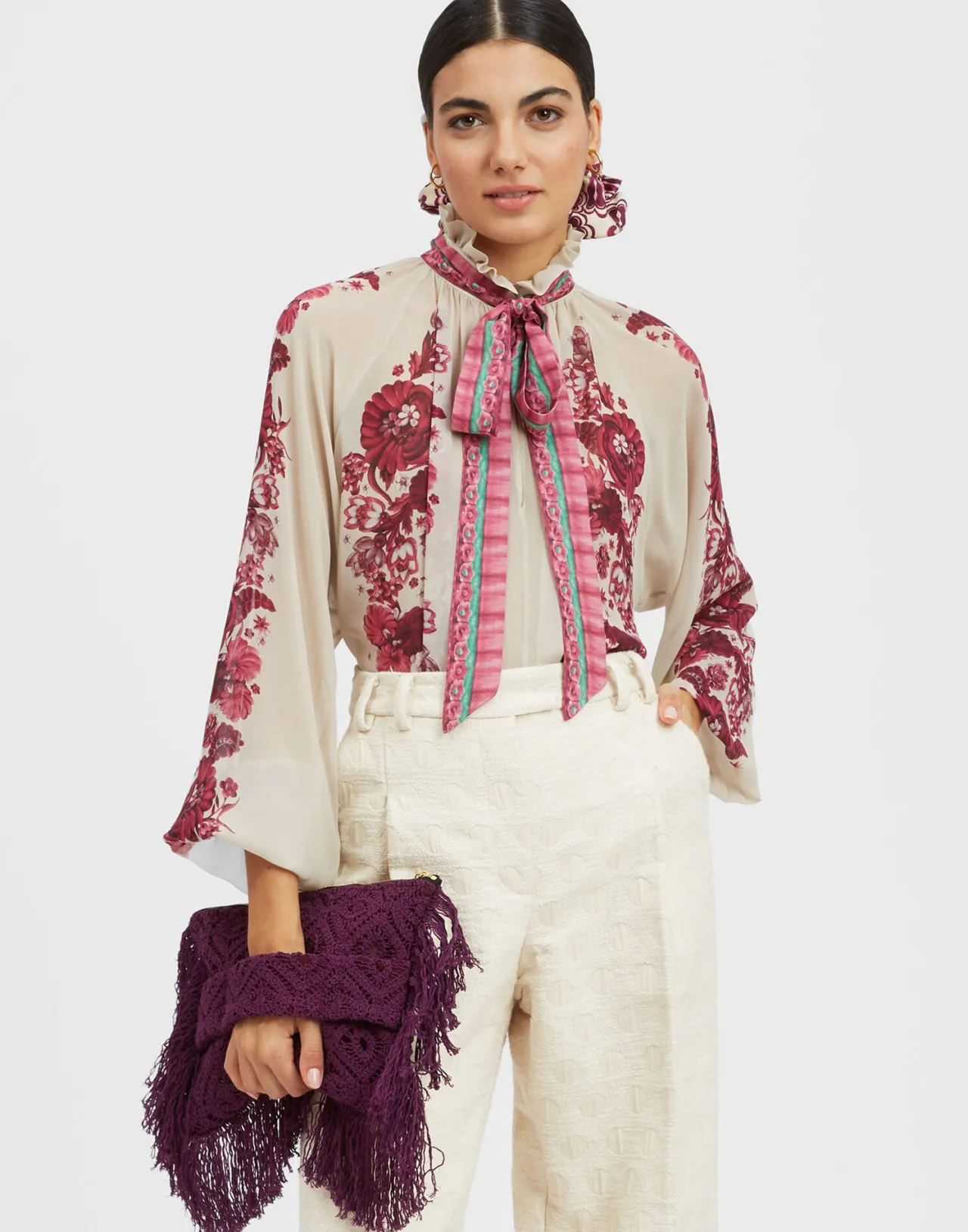 La DoubleJ Camicia Zodiacale Cerere in Chiffon Seta - Ricamo Stellato Viola con Tocco Elegante