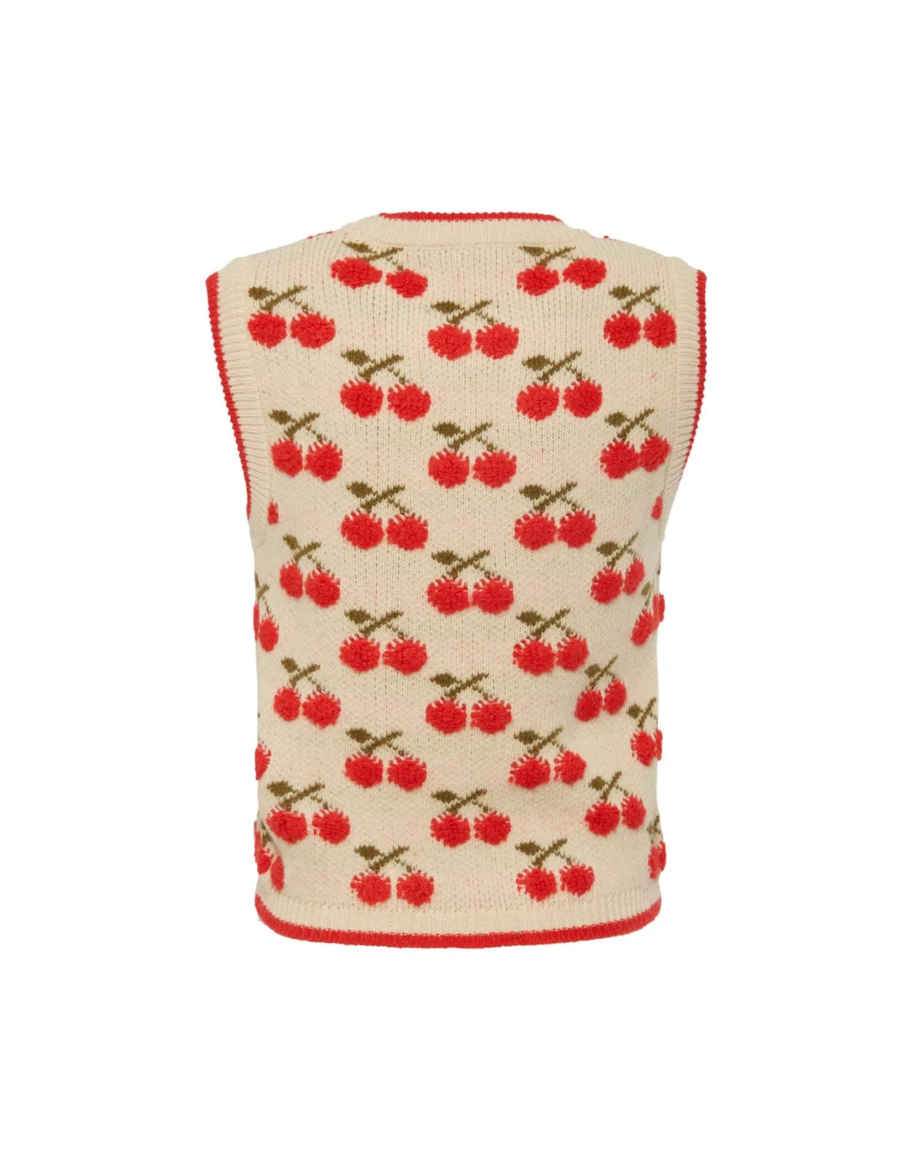 JJ22 Gilet Invernale con Ricamo Ciliegie - Bianco Spento in Pura Lana Cardata - Collezione DoubleJ Autunno