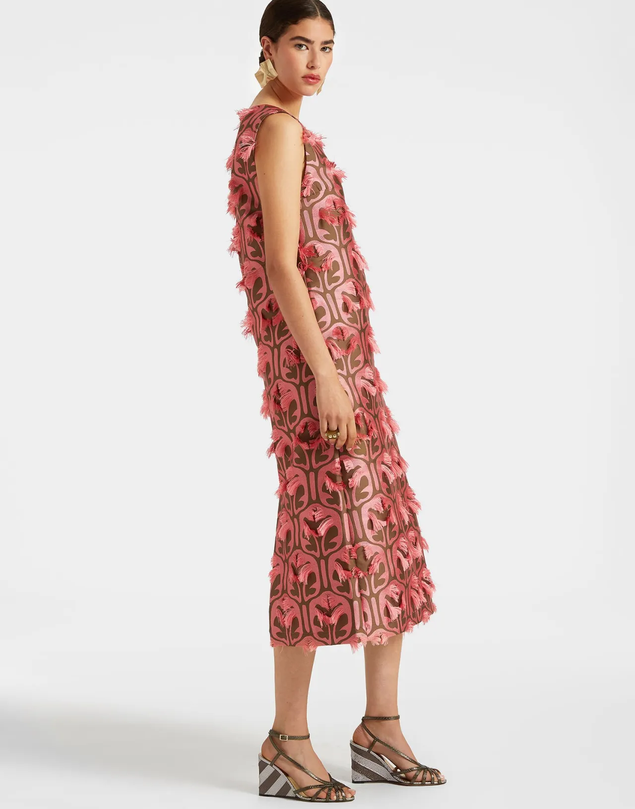 Abito Colonna Iconico La DoubleJ - Tessuto Jacquard in Tonalità Kaki e Rosa Antico