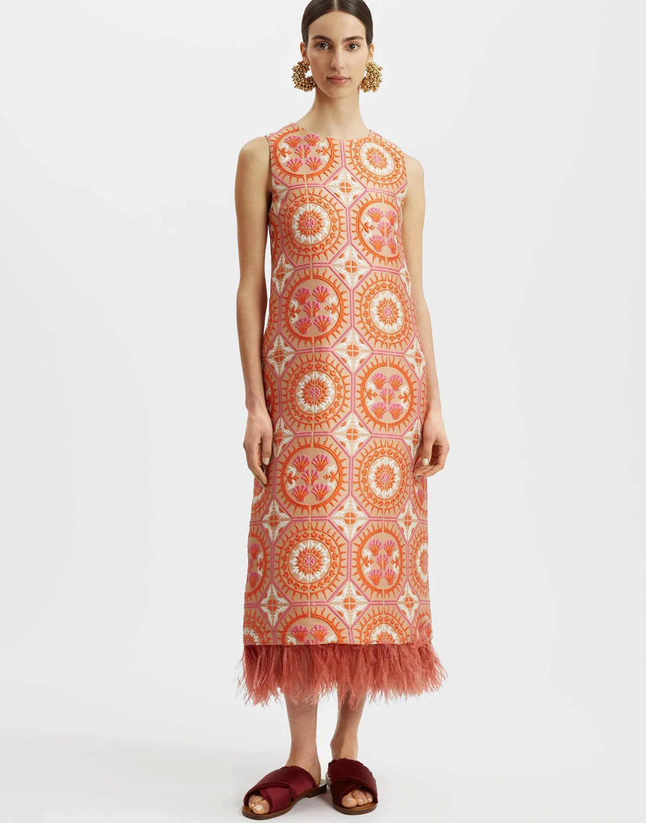 Abito Colonna La DoubleJ in Jacquard Arancio Solare con Ricami Piumati - Edizione Speciale a Prezzo Promozionale