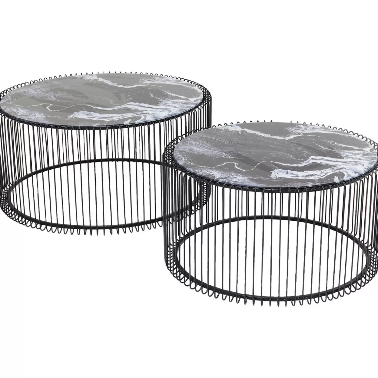 KARE Design - Tavolini Moderni da Salotto con Struttura a Filo Metallico e Piano in Vetro/Marmo - Set da 2 Neri
