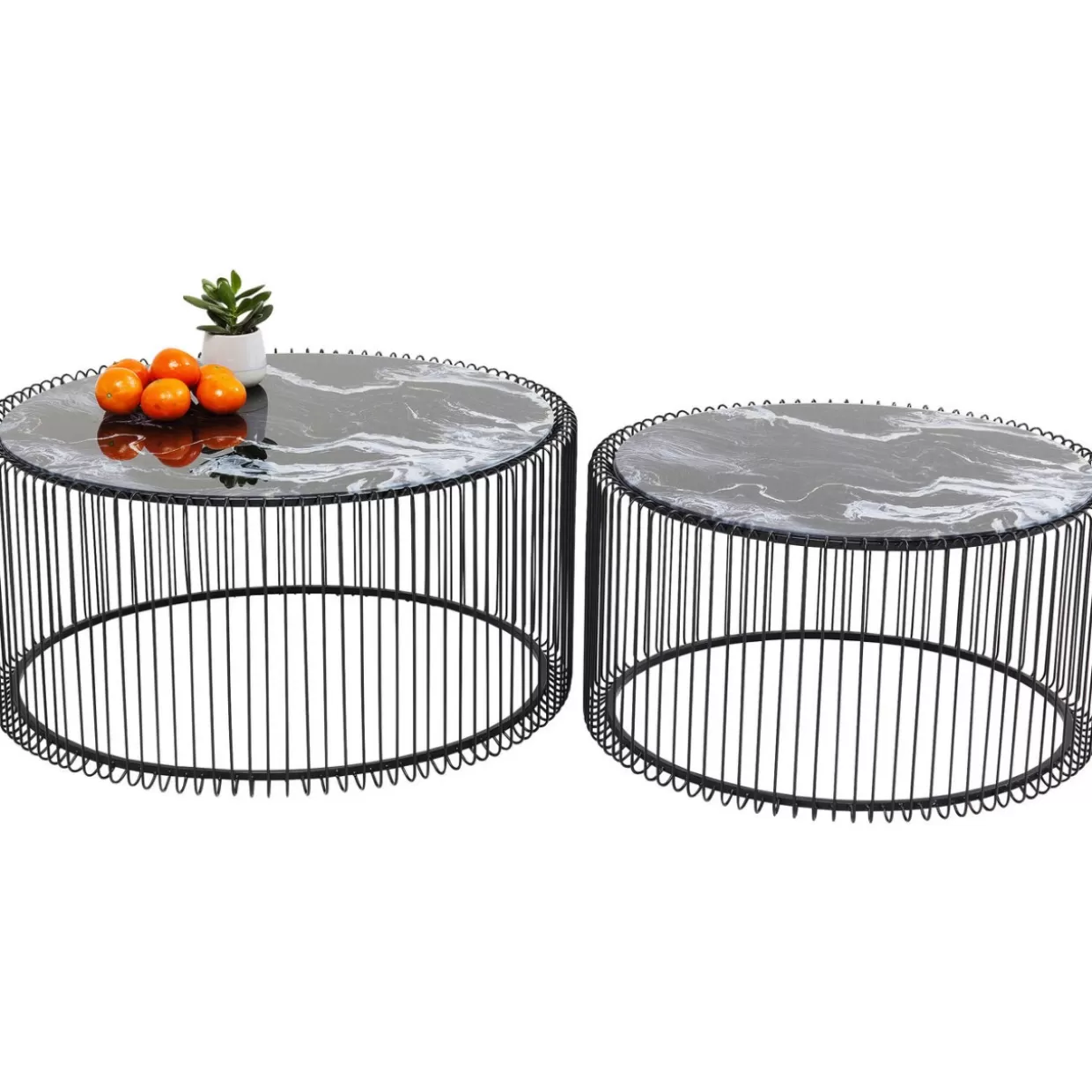 KARE Design - Tavolini Moderni da Salotto con Struttura a Filo Metallico e Piano in Vetro/Marmo - Set da 2 Neri