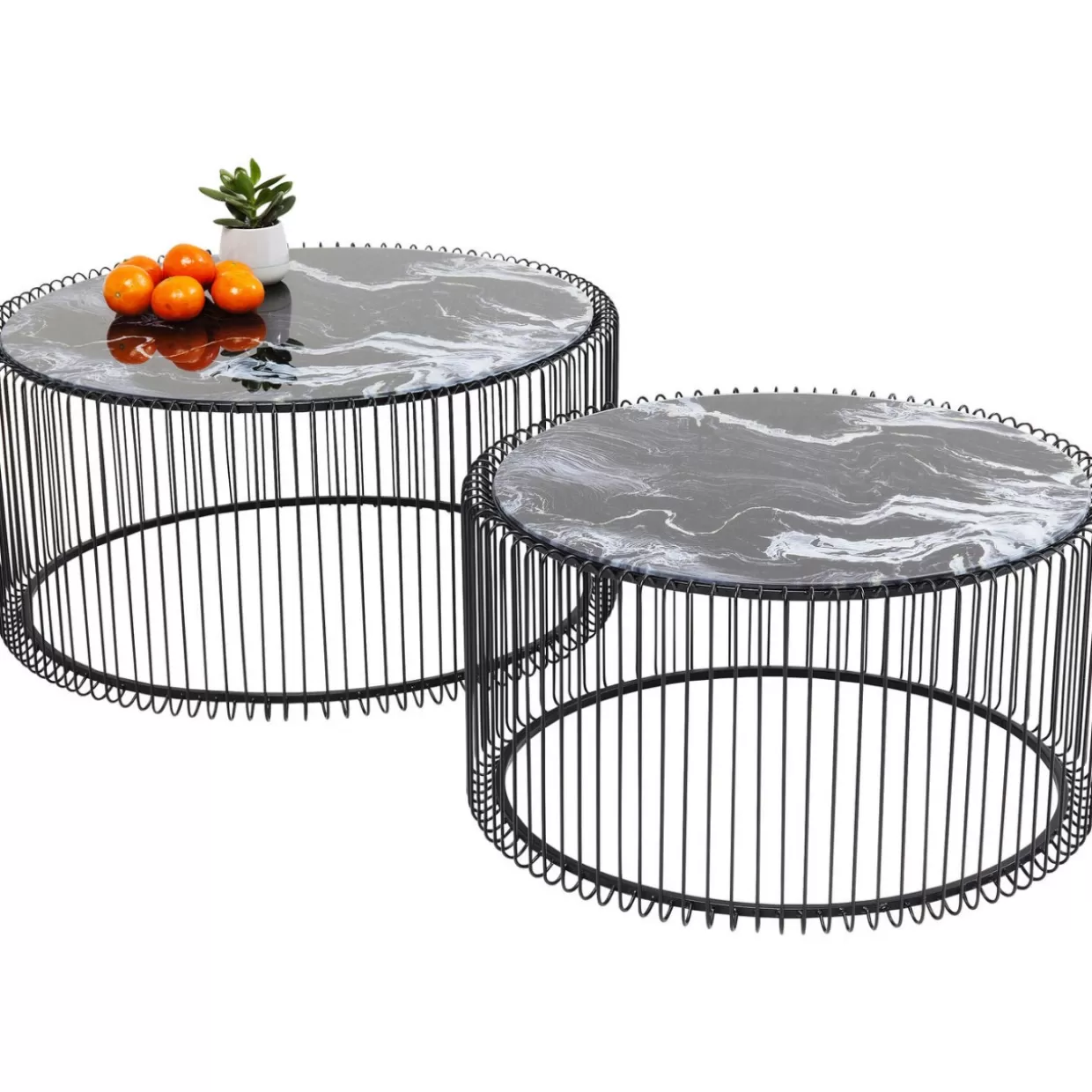 KARE Design - Tavolini Moderni da Salotto con Struttura a Filo Metallico e Piano in Vetro/Marmo - Set da 2 Neri