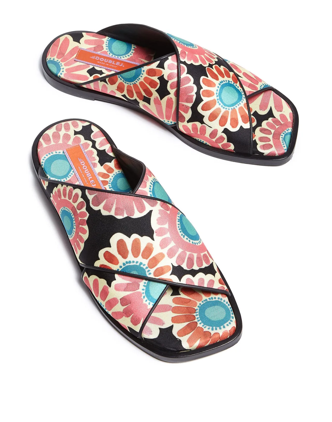 La DoubleJ Sandali Donna Tracolla Incrociata con Stampa Margherita Fantasiosa - Nero Twill Estivo Design Intrecciato Bohemien