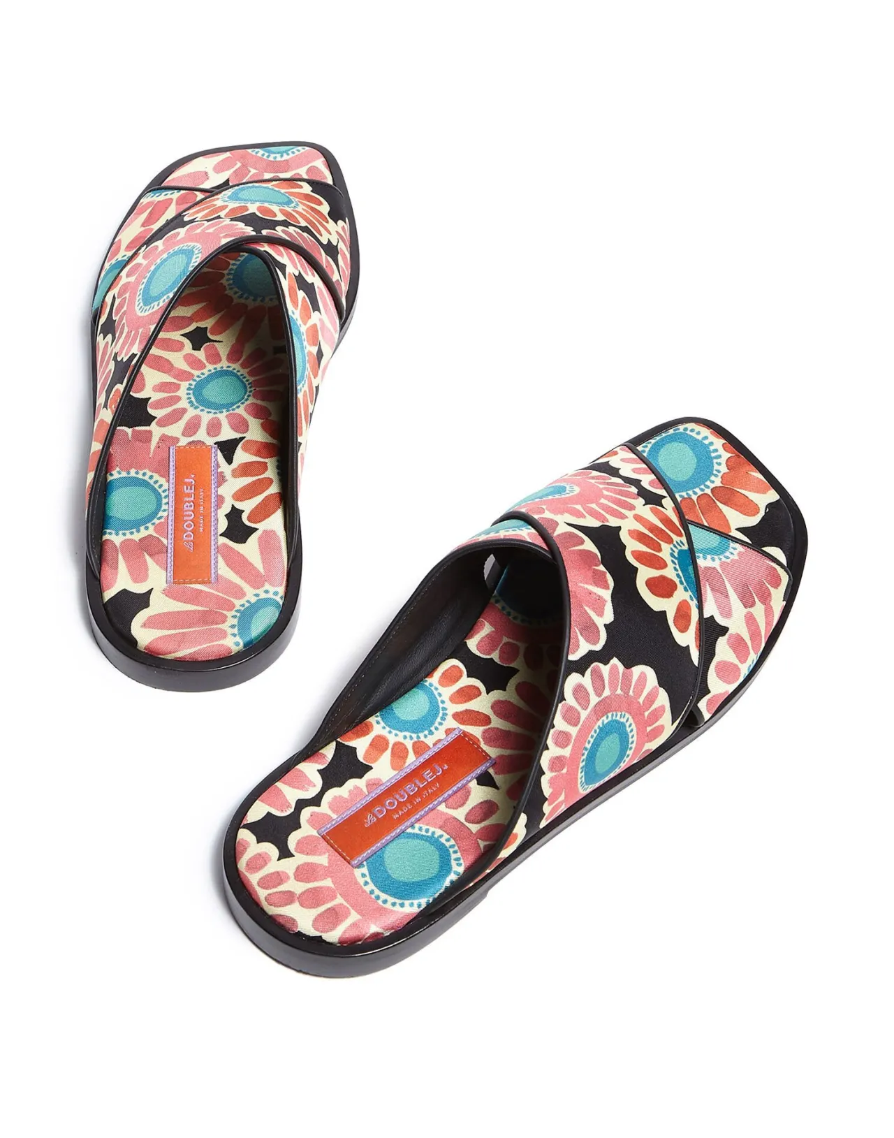 La DoubleJ Sandali Donna Tracolla Incrociata con Stampa Margherita Fantasiosa - Nero Twill Estivo Design Intrecciato Bohemien