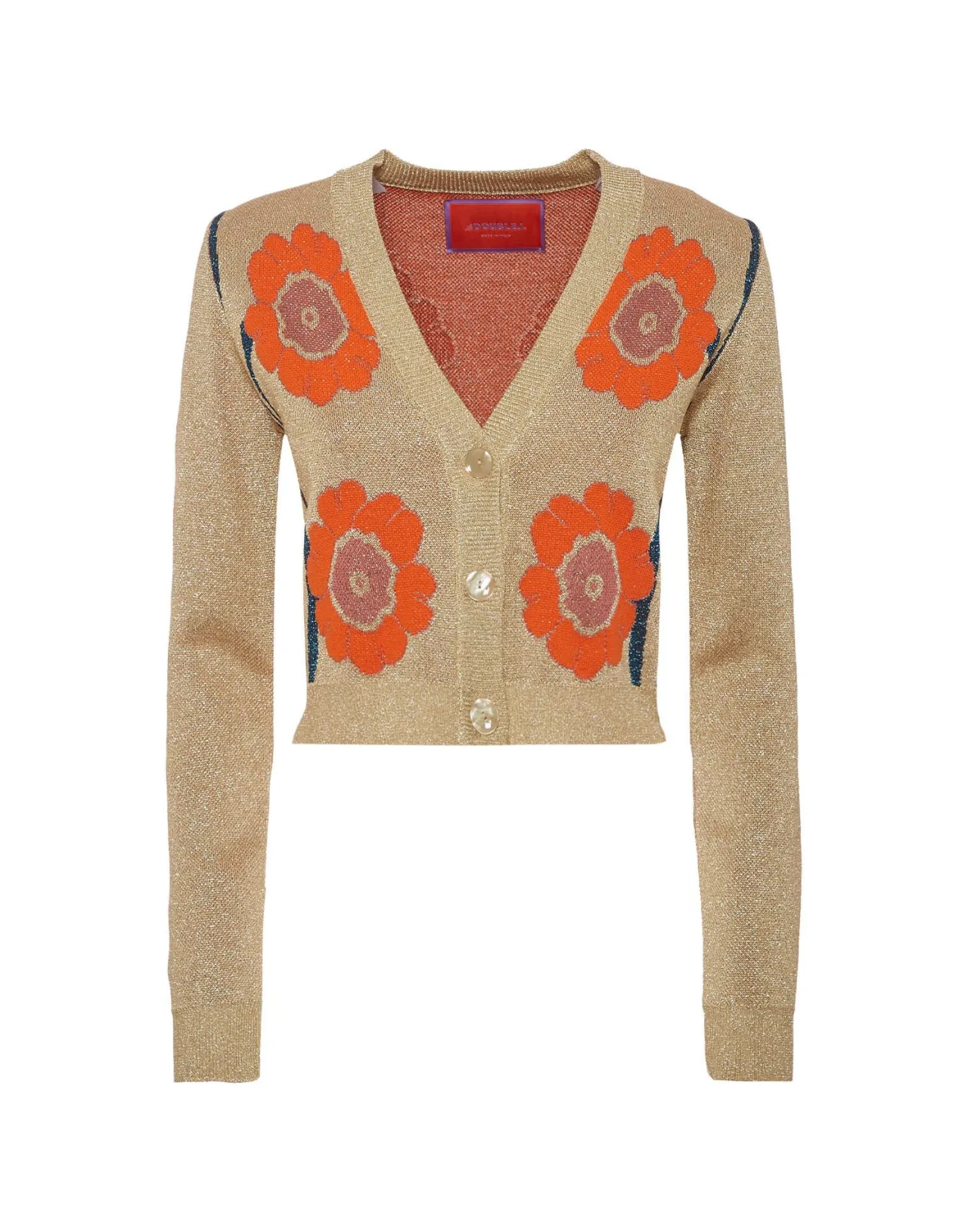 Maglione Corto Daisychain con Ricamo Lurex - Collezione Autunno/Inverno La DoubleJ  
Fantasia Arancione e Oro Jacquard con Filati Metallizzati  
Modello Oversize Elegante con Motivo Fiorale per Stile Femminile Chic