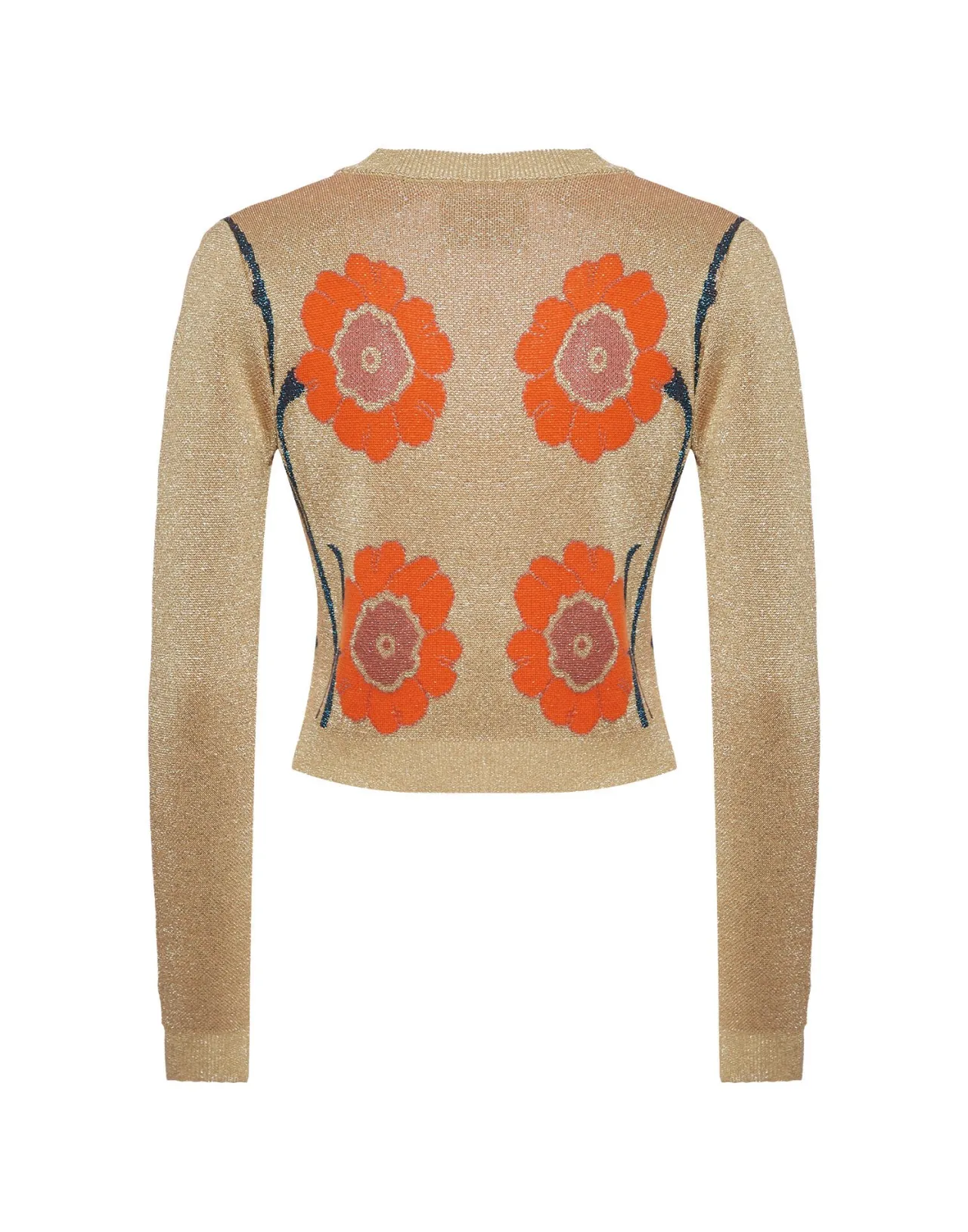 Maglione Corto Daisychain con Ricamo Lurex - Collezione Autunno/Inverno La DoubleJ  
Fantasia Arancione e Oro Jacquard con Filati Metallizzati  
Modello Oversize Elegante con Motivo Fiorale per Stile Femminile Chic