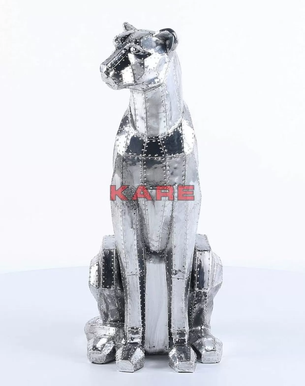 KARE Design - Statua Decorativa Gatto Seduto in Stile Industriale, Finitura Cromata con Rivetti - Idea Regalo per Appassionati di Domicilio Chic 

(：、、