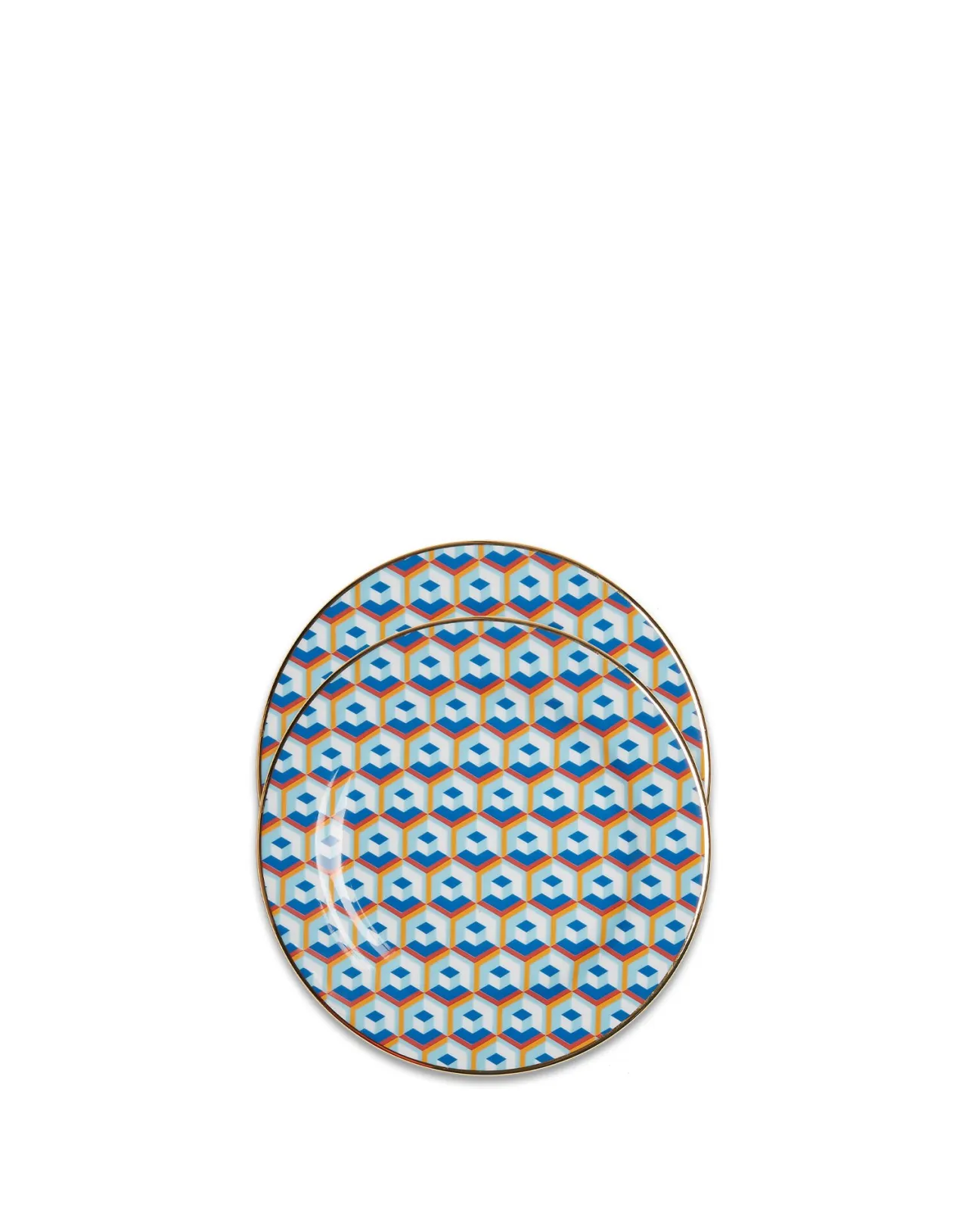 La DoubleJ: Coppia di Piatti Dessert Eleganti con Decorazione Cubi Blu - Edizione Speciale in Porcellana Pregiata