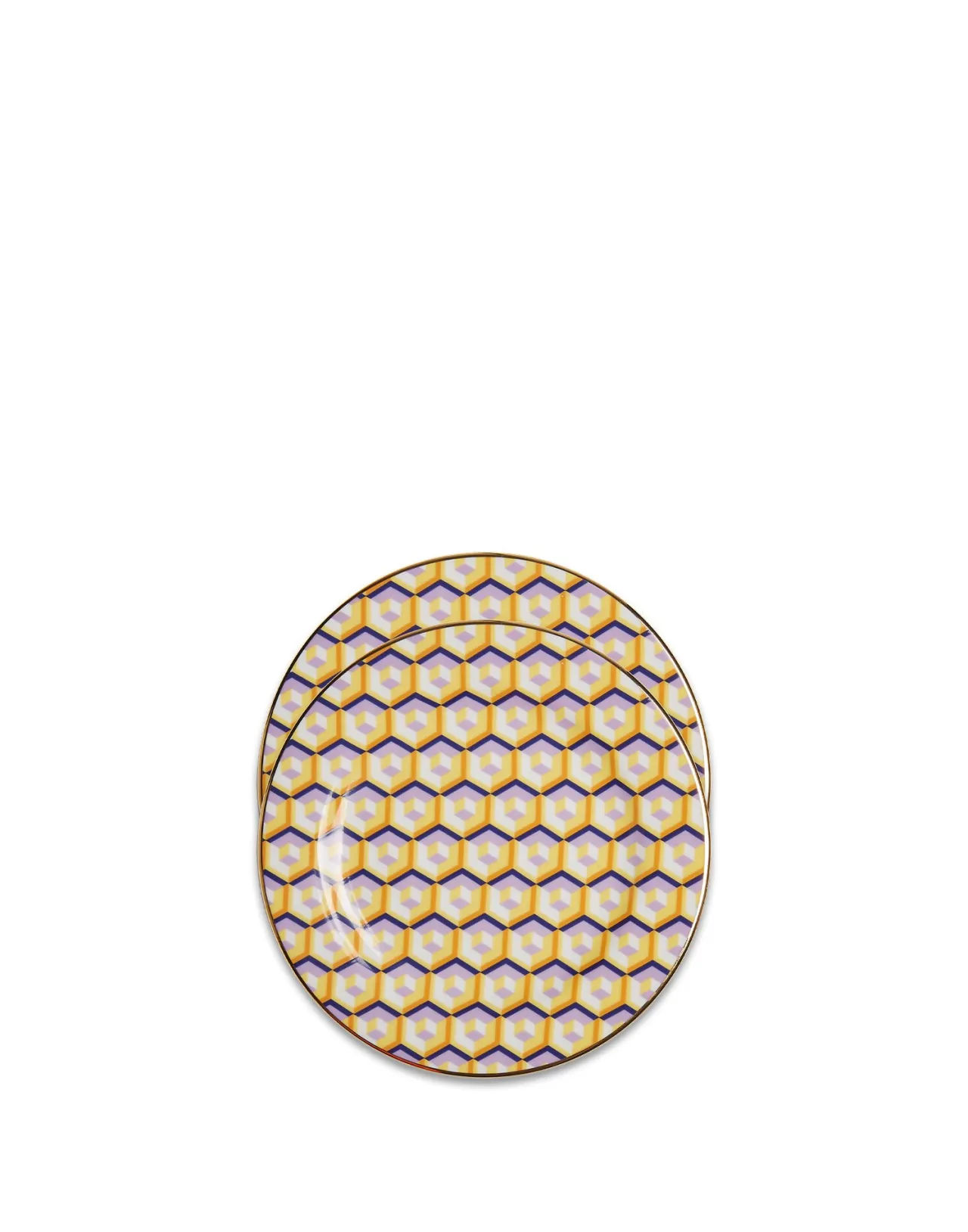 Offerta Speciale: Coppia Piatti Dessert La DoubleJ in Porcellana - Design Cubi Giallo con Decorazioni Artigianali, Collezione Edizione Limitata per Tavola Impeccabile