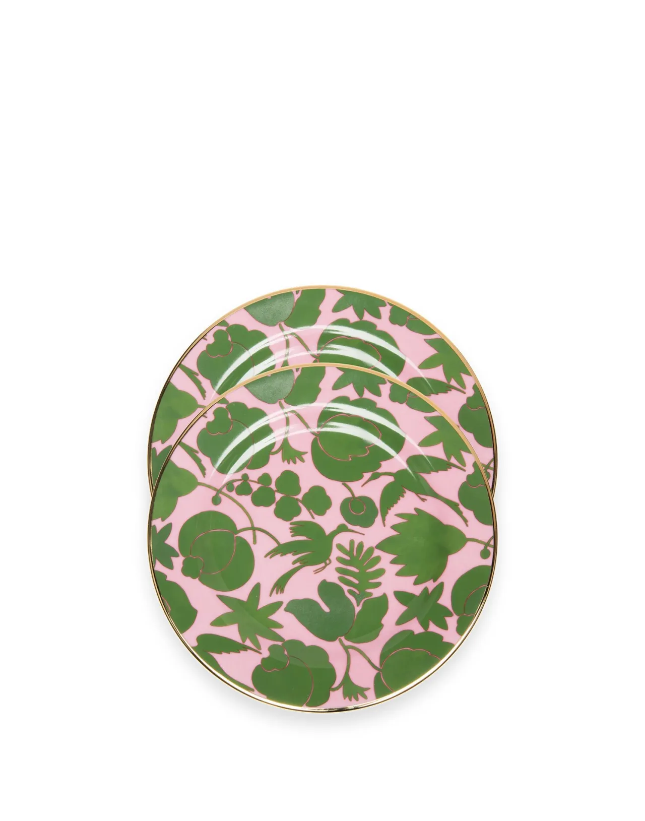 Coppia di piattini da dessert La DoubleJ - Design Wildbird in porcellana pregiata con dettagli floreali rosa e verde, ideali per presentazioni eleganti