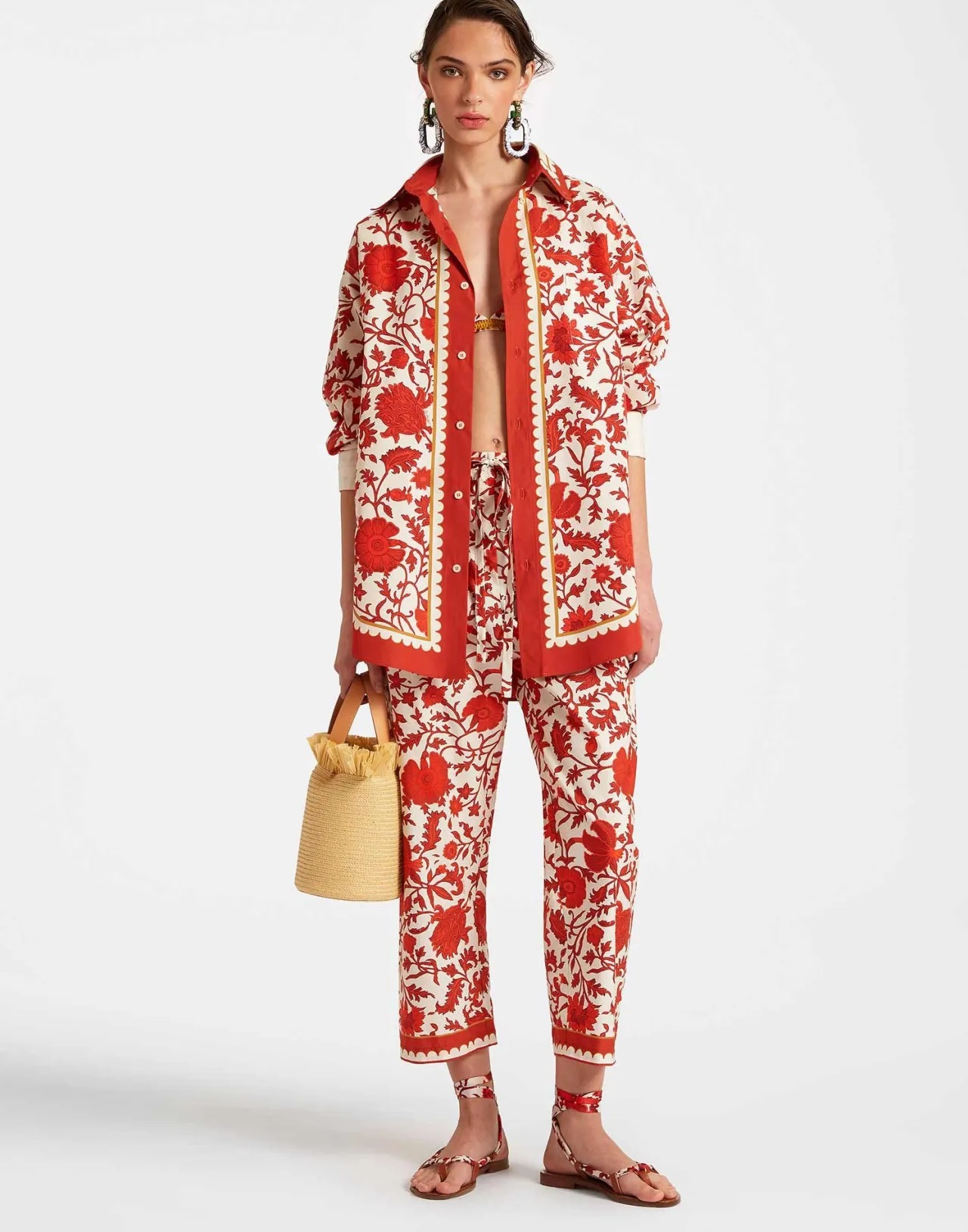 La DoubleJ - Pantaloni Estivi con Coulisse Dragonflower Mini in Popeline Leggera - Rosso Acceso con Stile Unico
