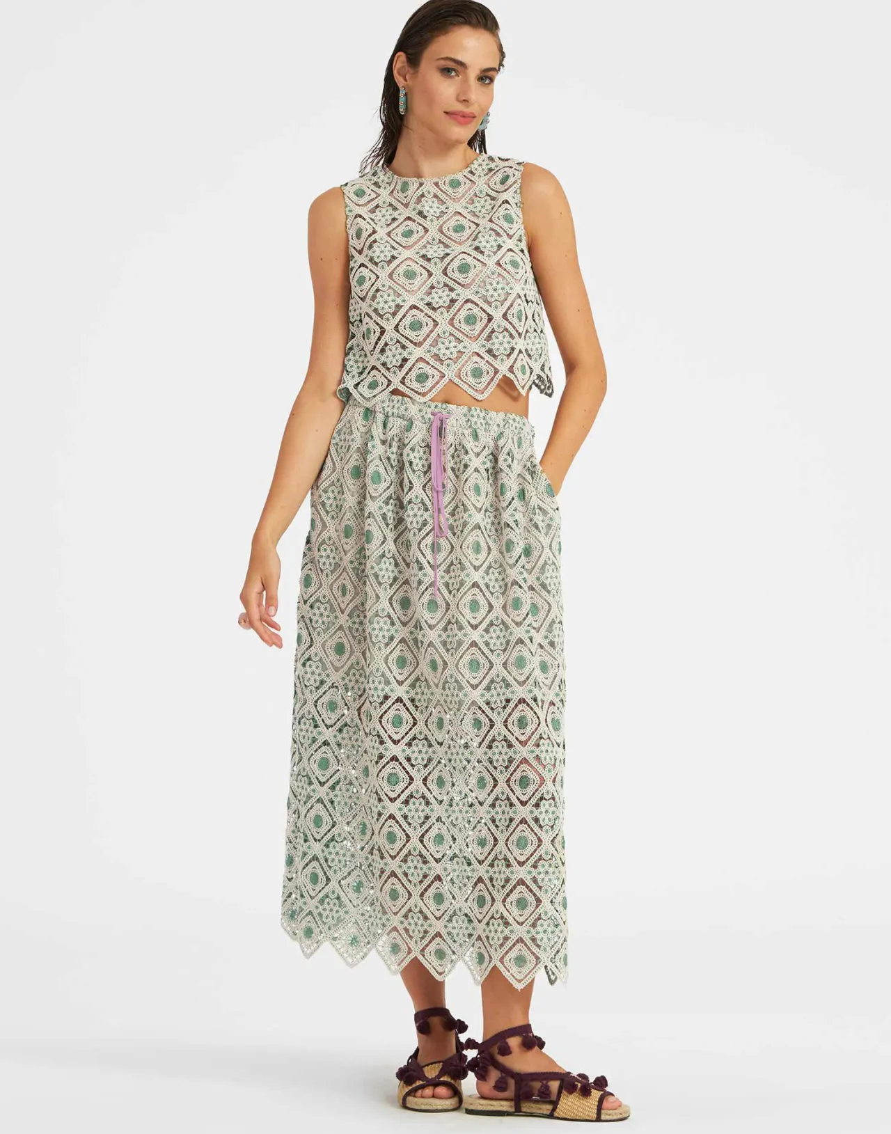 Gonna con Coulisse La DoubleJ in Macramè - Tonalità Crema Acqua, Stile Boho Chic e Prezzo Conveniente