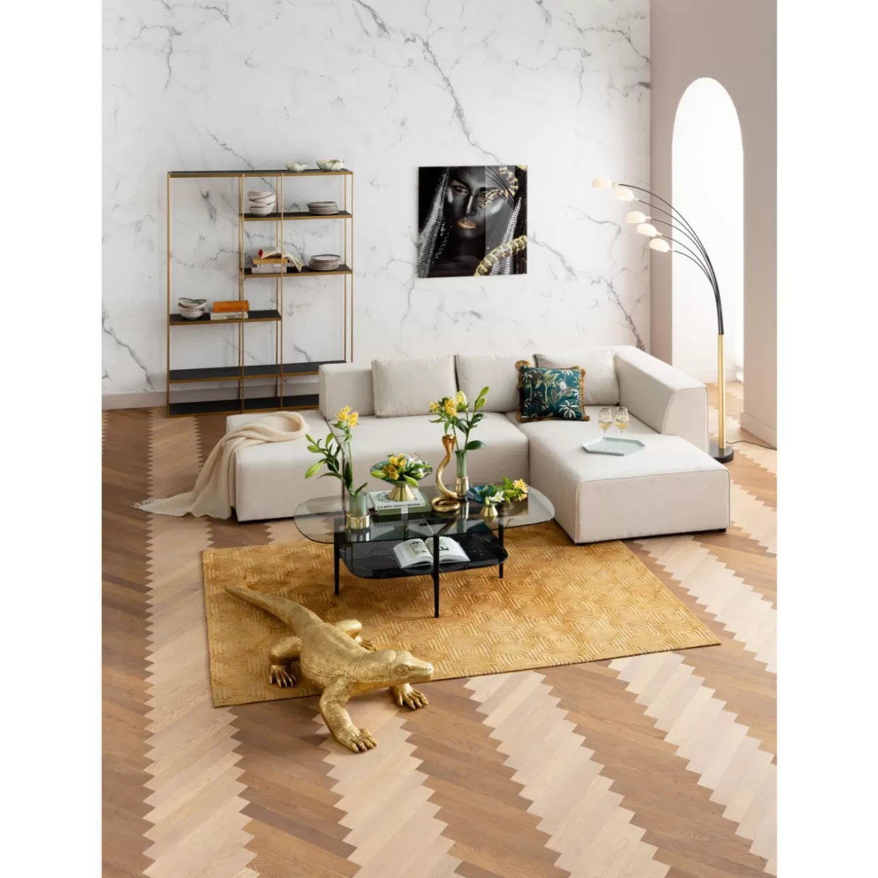 Divano Angolare Infinity con Pouf Modulare Crema KARE - Configurazione Destra, Design Moderno per Soggiorno Elegante