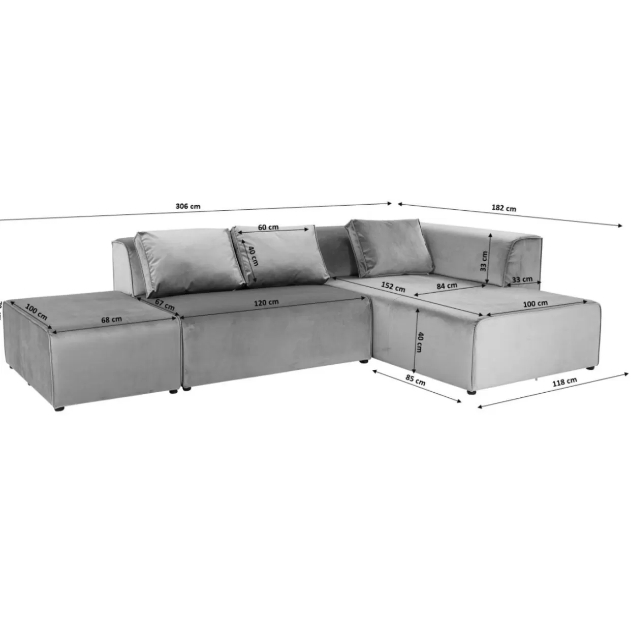 Divano Design Moderno con Pouf Infinity | Angolare Destro in Tessuto Grigio, KARE Collection