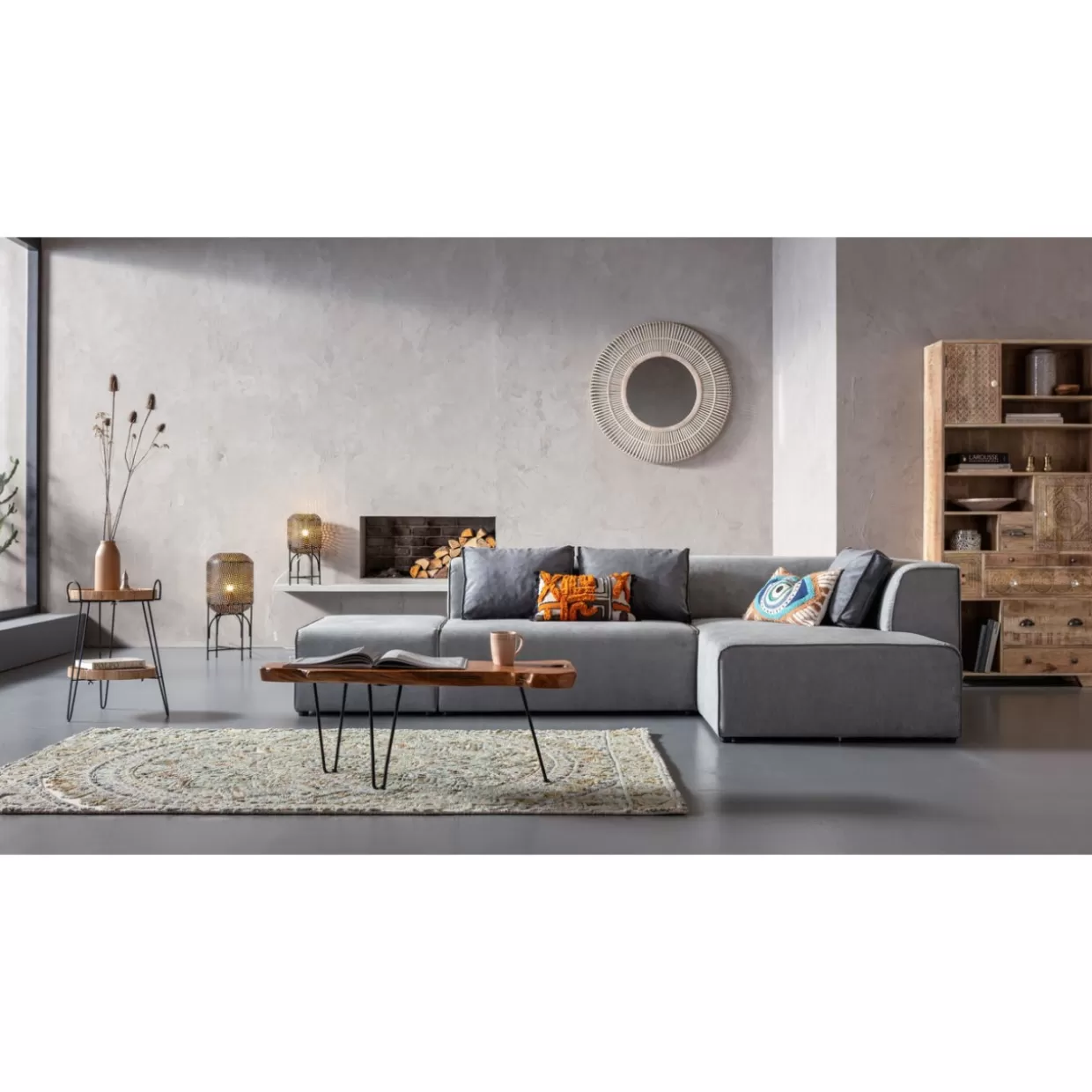 Divano Design Moderno con Pouf Infinity | Angolare Destro in Tessuto Grigio, KARE Collection