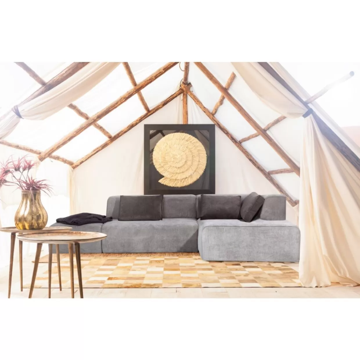 Divano Design Moderno con Pouf Infinity | Angolare Destro in Tessuto Grigio, KARE Collection