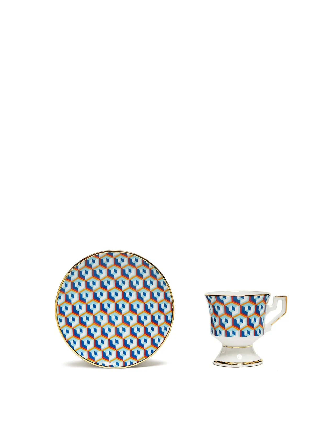 Set Esclusivo Tazzine Espresso con Piattini - Coppia in Porcellana Design Cubi Blu, Collezione Limited Edition DoubleJ