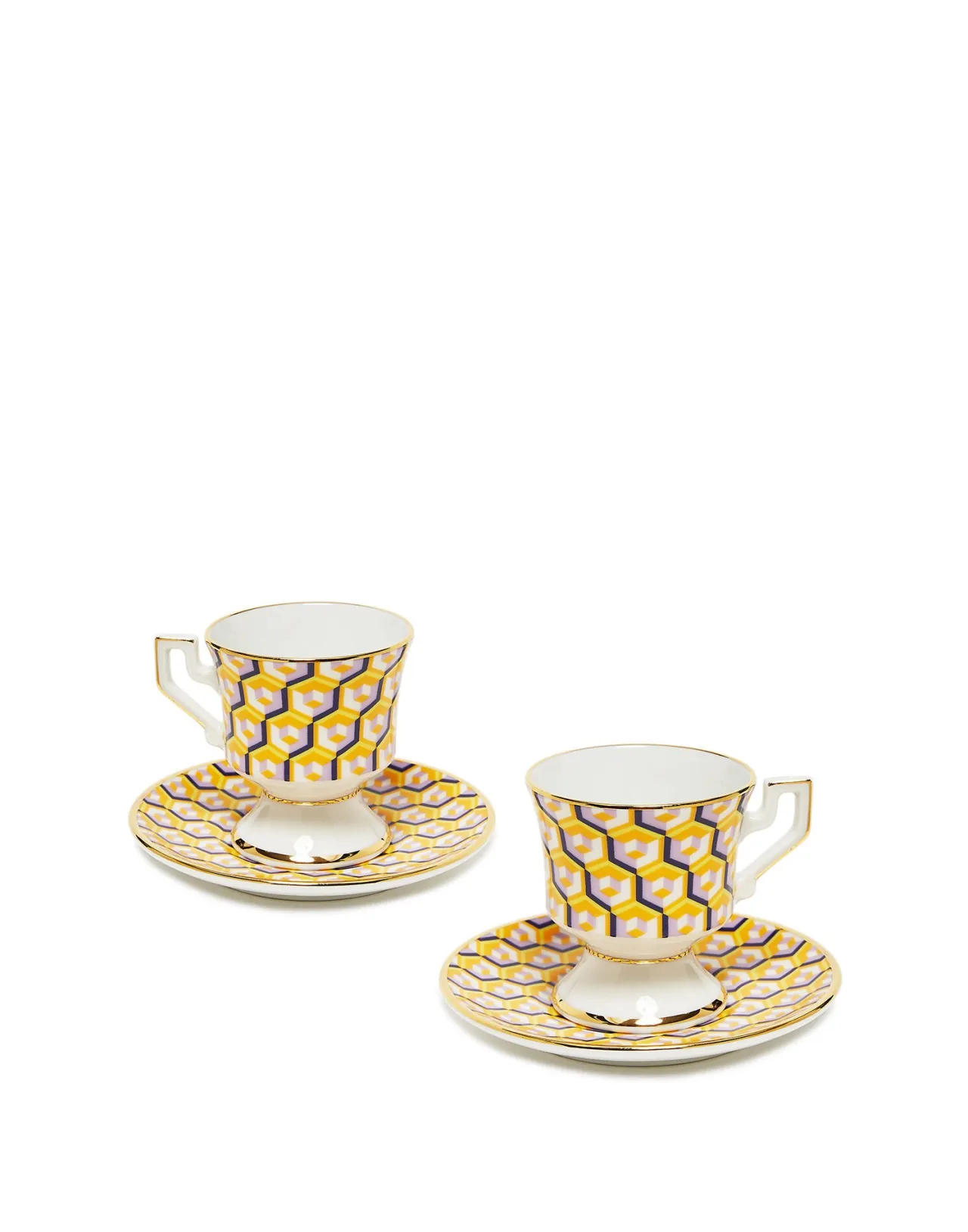 Coppia Elegante Tazzine da Caffè con Piattini - Collezione Cubi Gialli La DoubleJ in Pregiata Porcellana, Set Completo per Bevande Calde